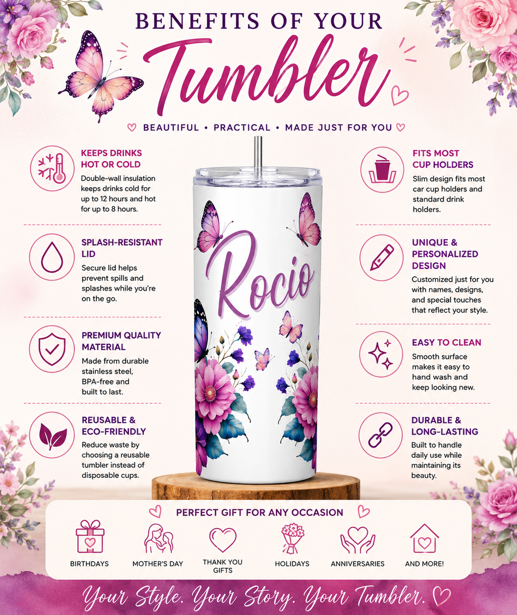 Personalized Floral Butterfly Tumbler 20 oz, Custom Name Cup, Watercolor Flower Tumbler, Birthday Gift for Mom, Grandma, Nana, Gift for Her