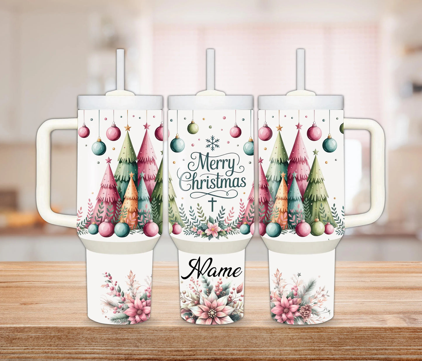 Personalized Christmas Tumbler with Handle: Pink & Green Trees. 30 or 40 Oz tumbler. Customs Tumbler for Christmas. Gift for Her