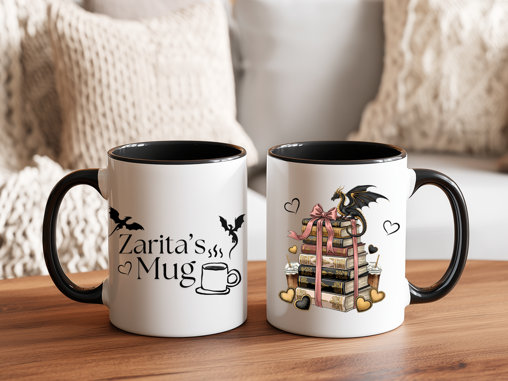 Personalized Dragon Book Mug – Custom Name Fantasy Coffee Cup (11oz or 15oz)
