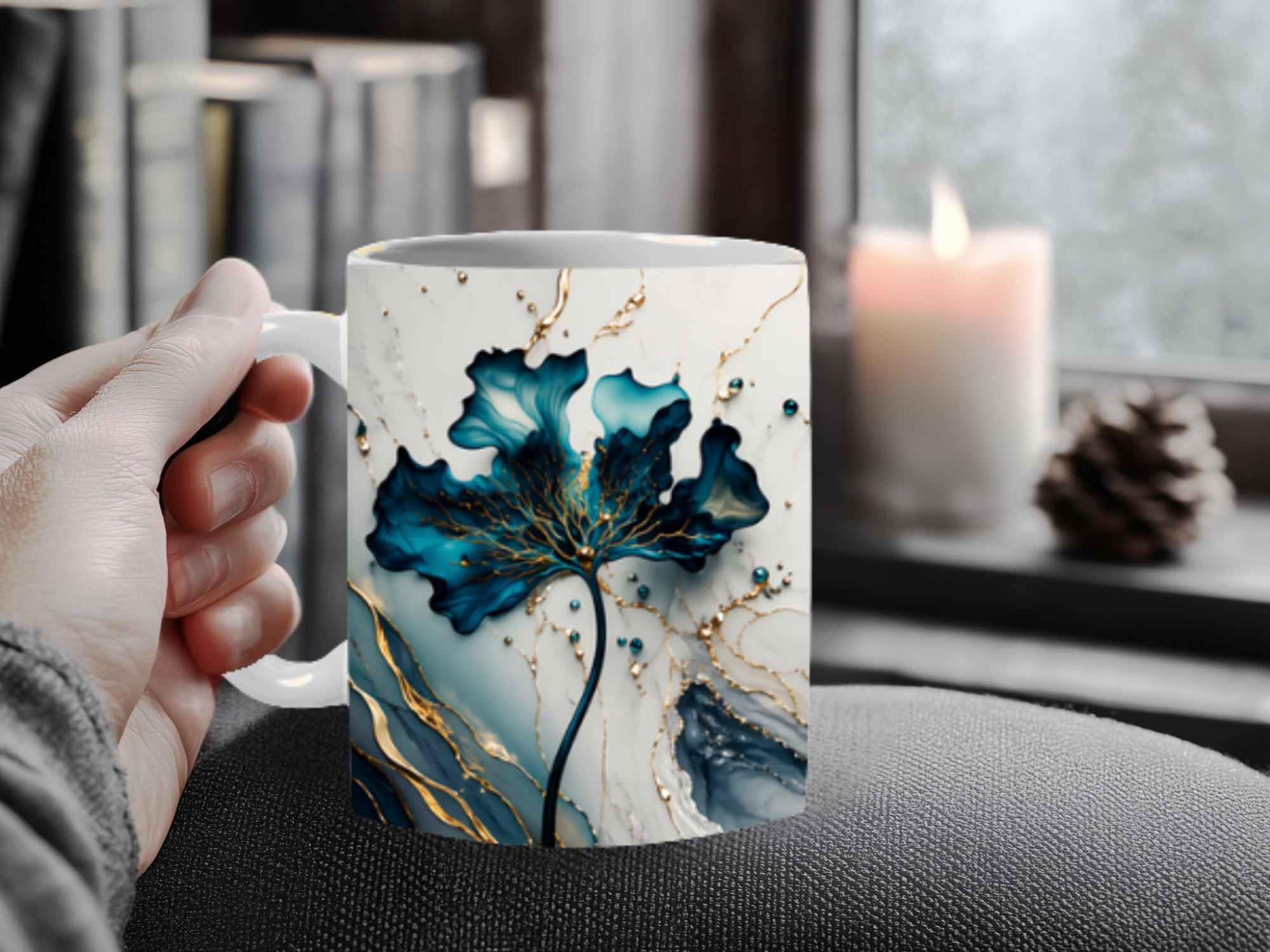 Three-angle view of a personalized blue and gold marble ceramic coffee mug with the name Jackie in gold script.