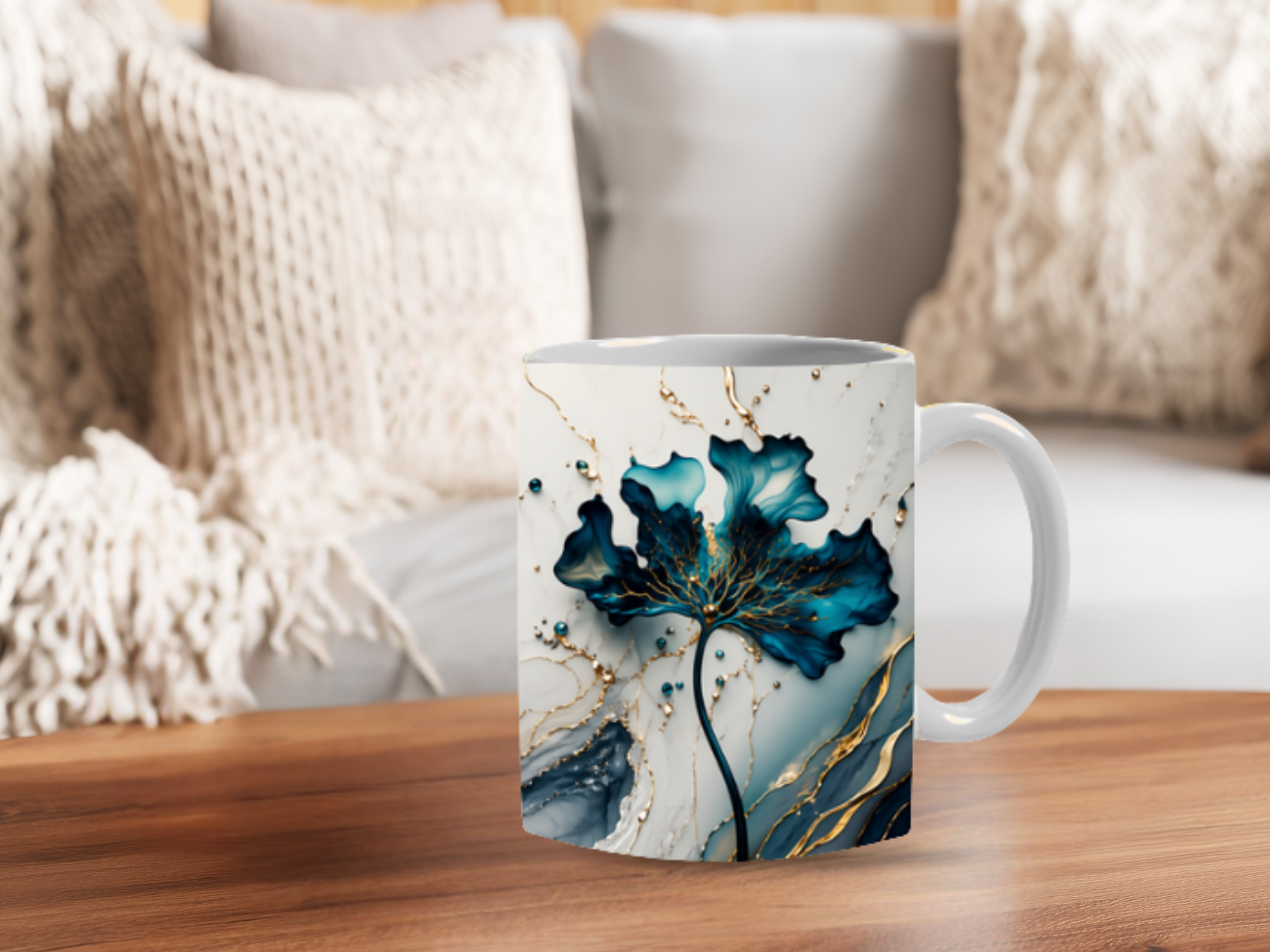 Three-angle view of a personalized blue and gold marble ceramic coffee mug with the name Jackie in gold script.