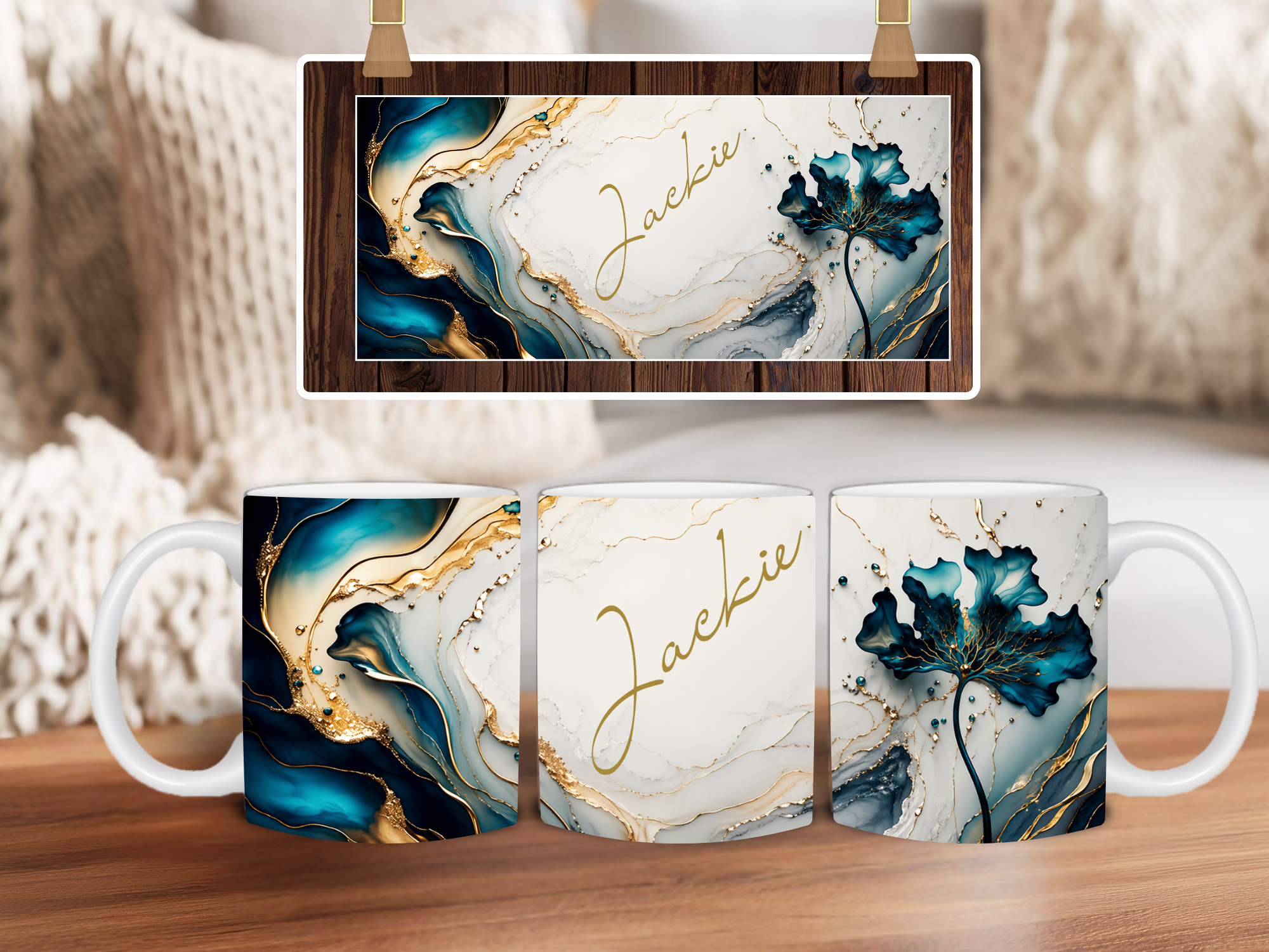 Three-angle view of a personalized blue and gold marble ceramic coffee mug with the name Jackie in gold script.