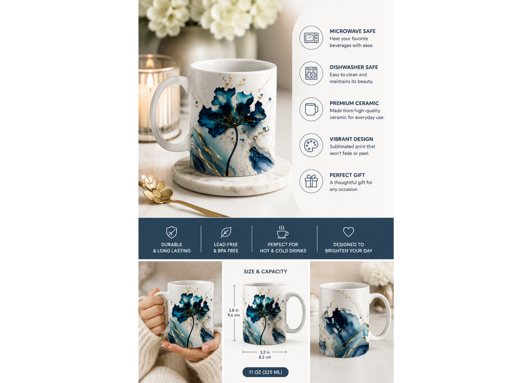 Blue & Gold Marble Personalized Mug - Luxury Custom Ceramic Coffee Cup