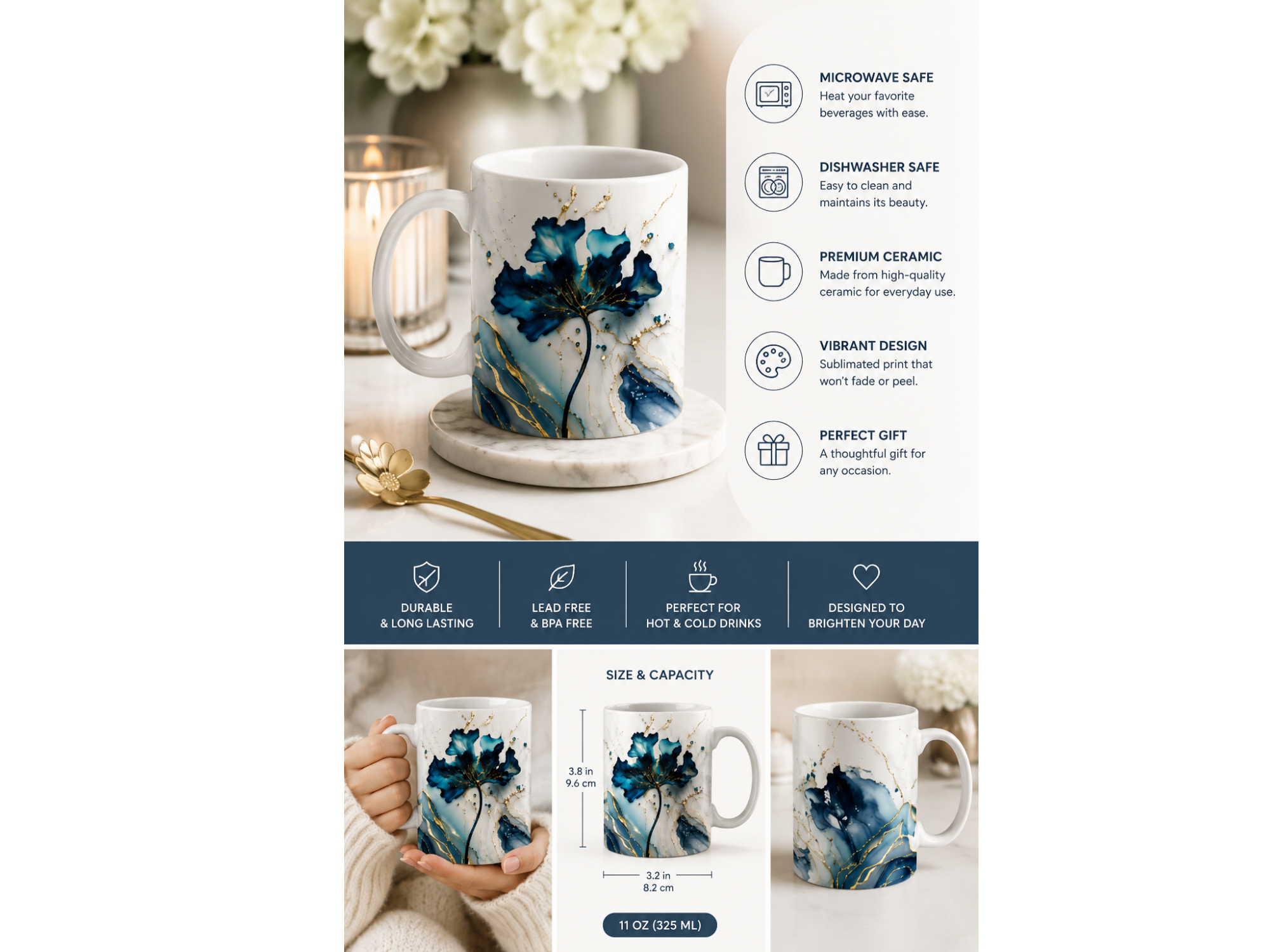 Blue & Gold Marble Personalized Mug - Luxury Custom Ceramic Coffee Cup