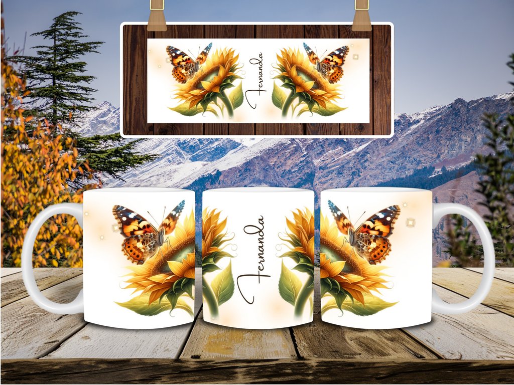 Personalized Sunflower Butterfly Mug – Custom Name Coffee Cup (Ceramic or Stainless Steel)