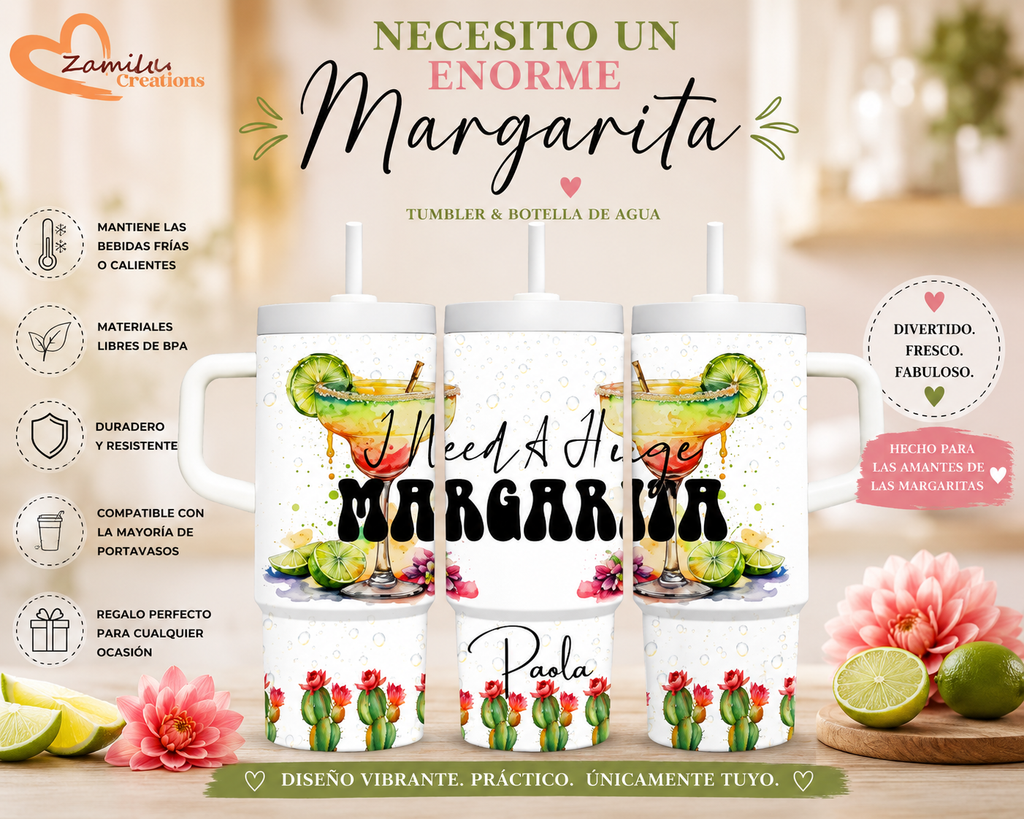 Personalized Margarita Tumbler with Name 30 Oz or 40oz Stainless Steel Travel Mug Custom Cactus Cup Bachelorette Party Gift for Her Birthday Gift