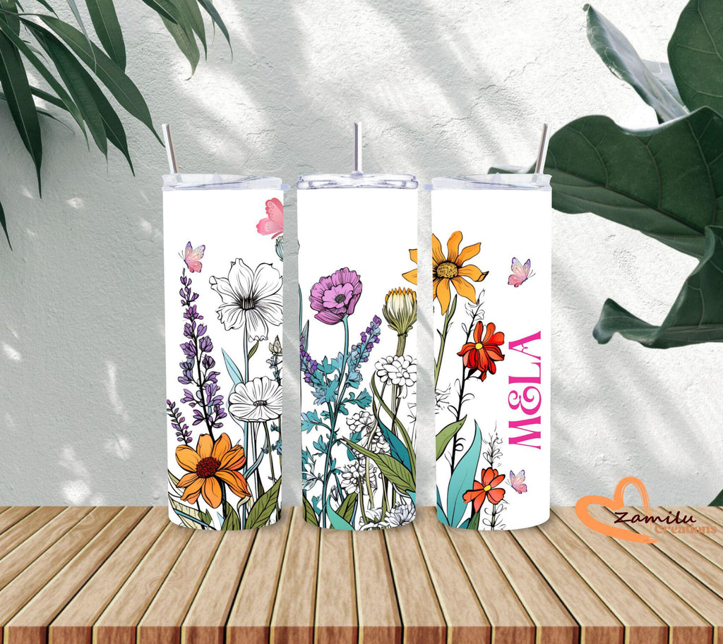 Personalized Floral Butterfly Tumbler – Custom Name Wildflower Cup, 20oz Stainless Steel Insulated Tumbler, Gift for Her