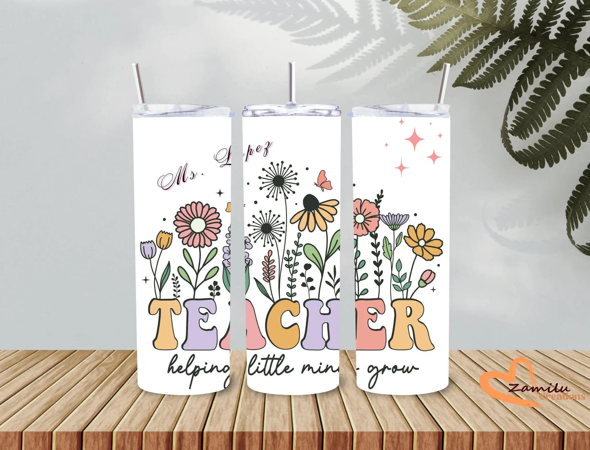 Personalized Teacher Tumbler 20oz | Custom Name Floral Teacher Cup | Helping Little Minds Grow Gift | Teacher Appreciation Gift | Back to School Tumbler