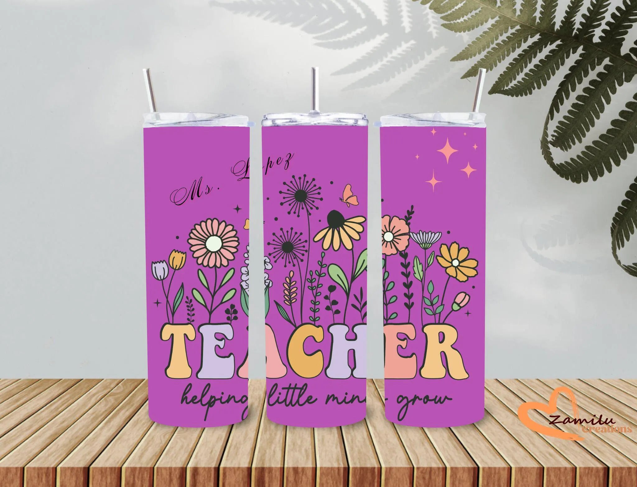 Personalized Teacher Tumbler 20oz | Custom Name Floral Teacher Cup | Helping Little Minds Grow Gift | Teacher Appreciation Gift | Back to School Tumbler