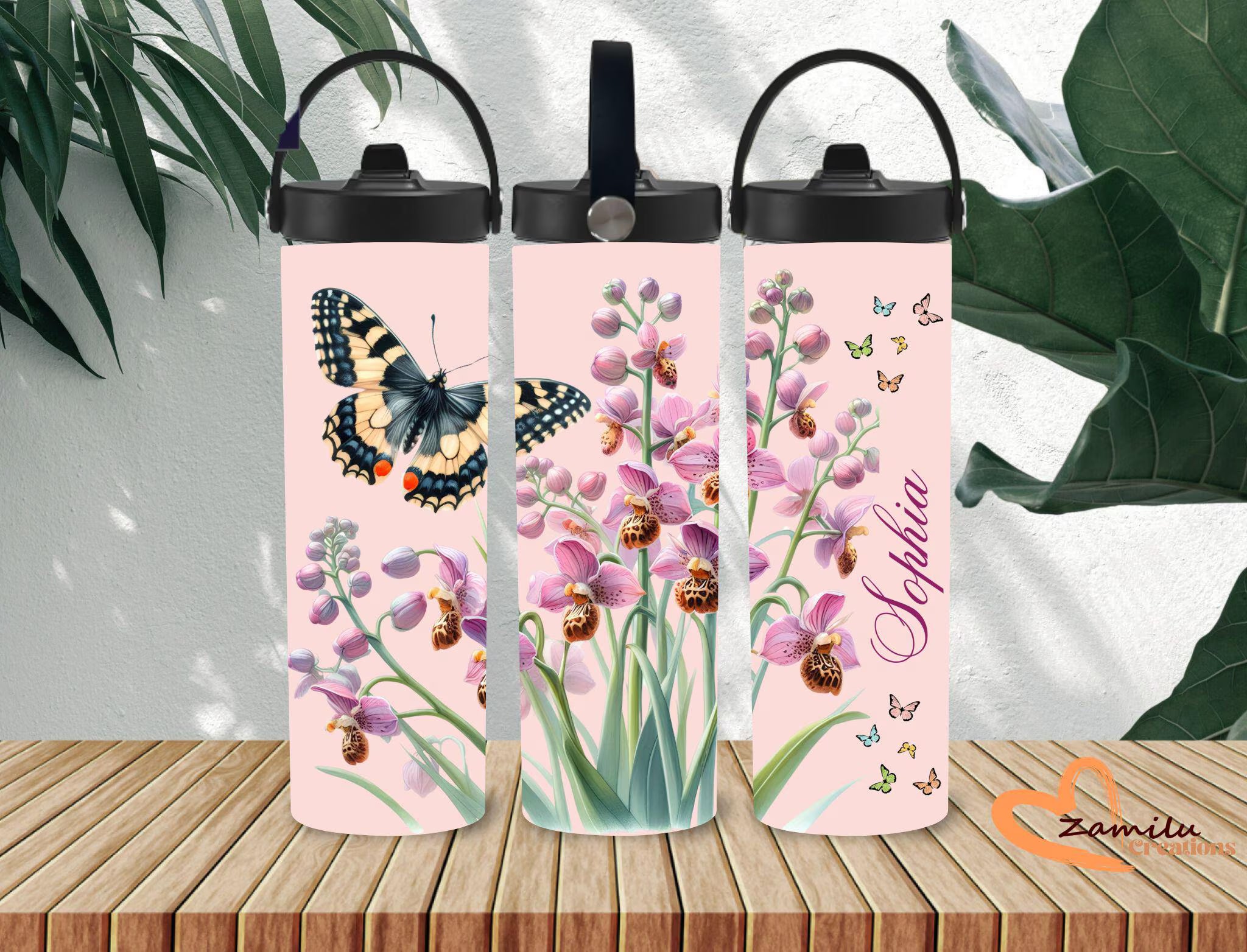 Personalized Floral Butterfly Tumbler with Name | Orchid Flower Cup | Custom Pink Aesthetic Tumbler | Gift for Her | 20oz