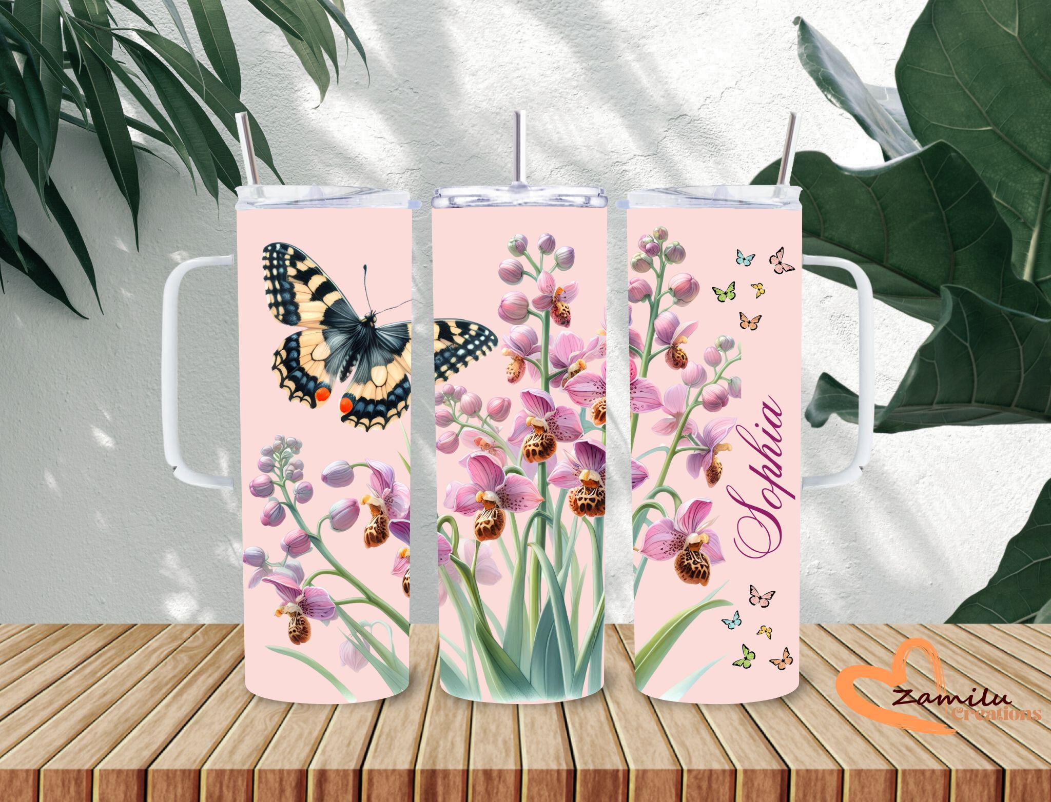 Personalized Floral Butterfly Tumbler with Name | Orchid Flower Cup | Custom Pink Aesthetic Tumbler | Gift for Her | 20oz