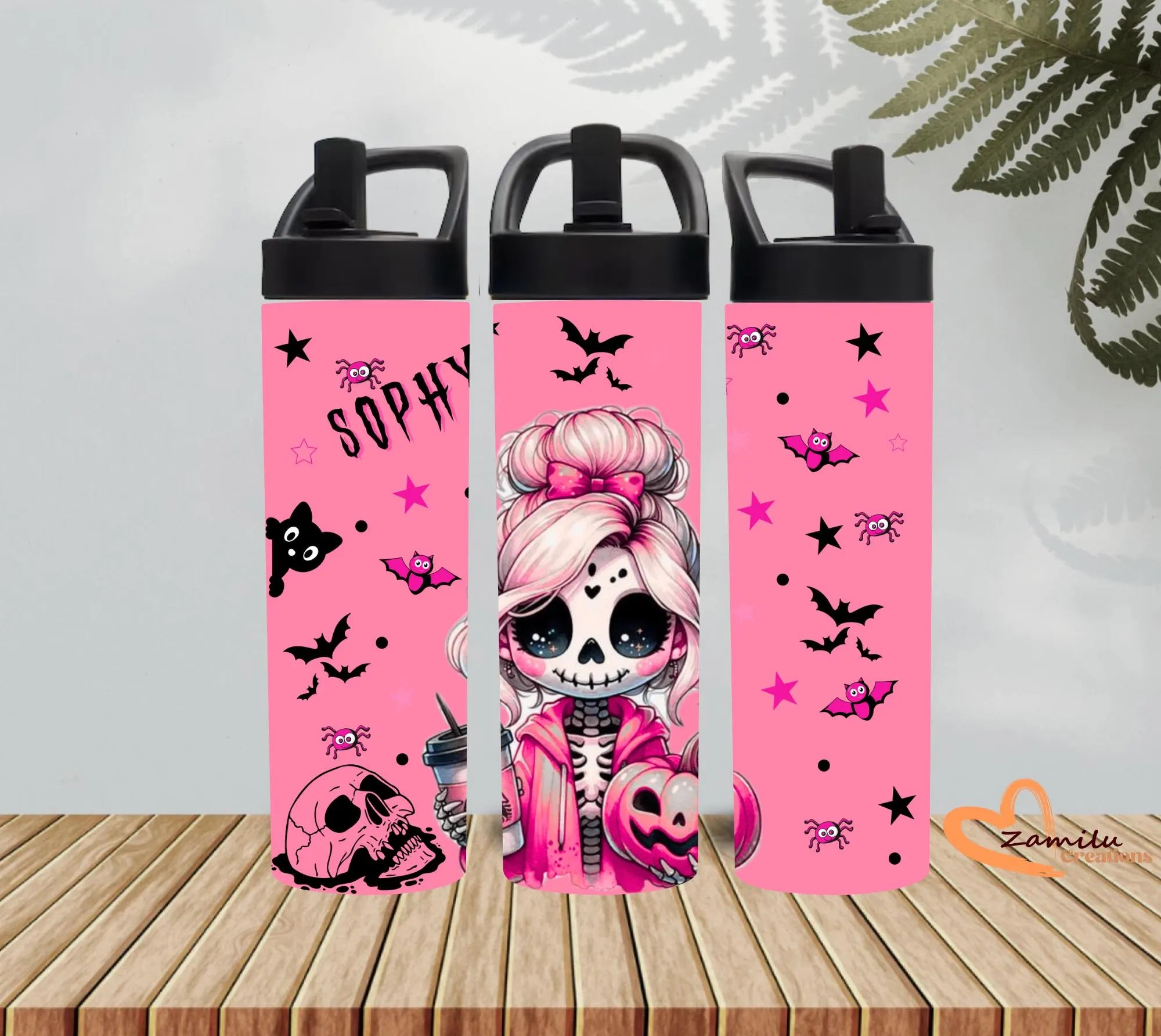 Personalized Pink Halloween Tumbler Custom Name Cartoon Girl Coffee Cup 20 oz Skinny Tumbler with Straw Spooky Season Cute Girly Gift