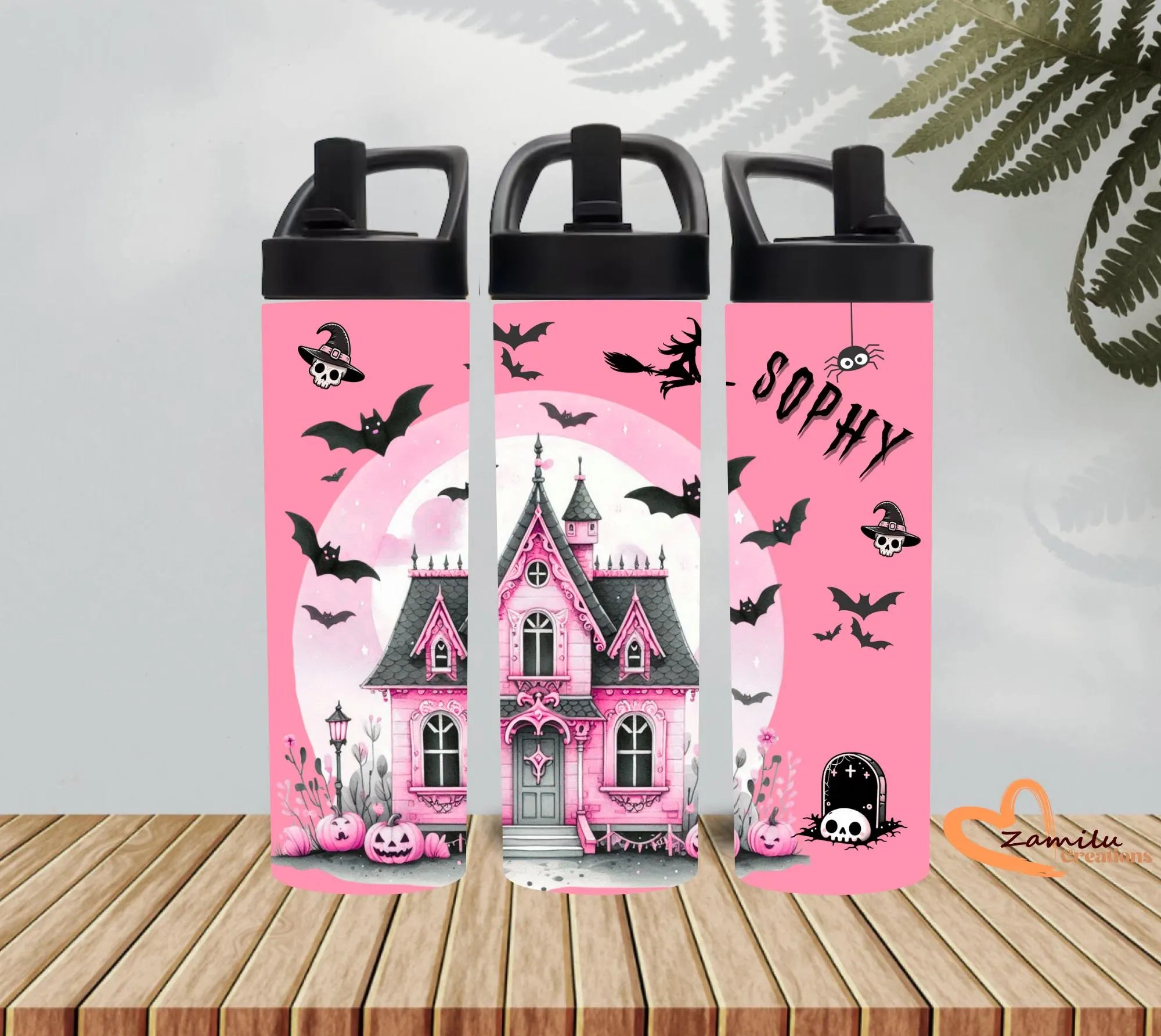 Personalized Pink Halloween Tumbler Custom Name Cartoon Girl Coffee Cup 20 oz Skinny Tumbler with Straw Spooky Season Cute Girly Gift