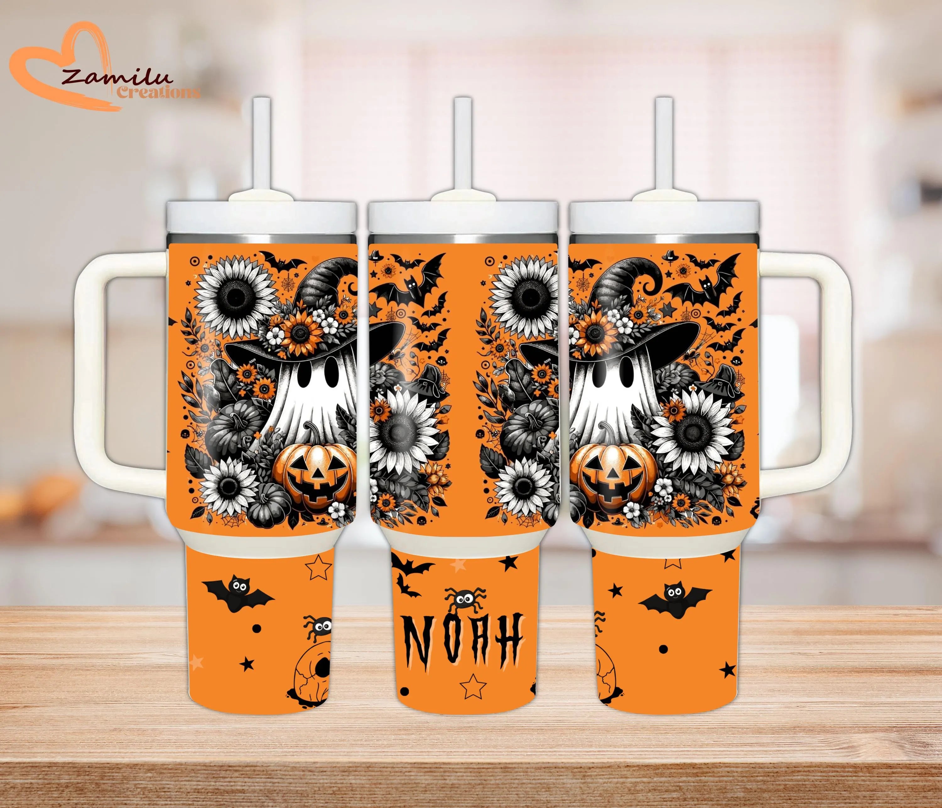 Personalized Halloween Skeleton Tumbler, 40oz Custom Name Cup with Straw, Spooky Season Travel Mug, Cute Fall Ghost Pumpkin Gift