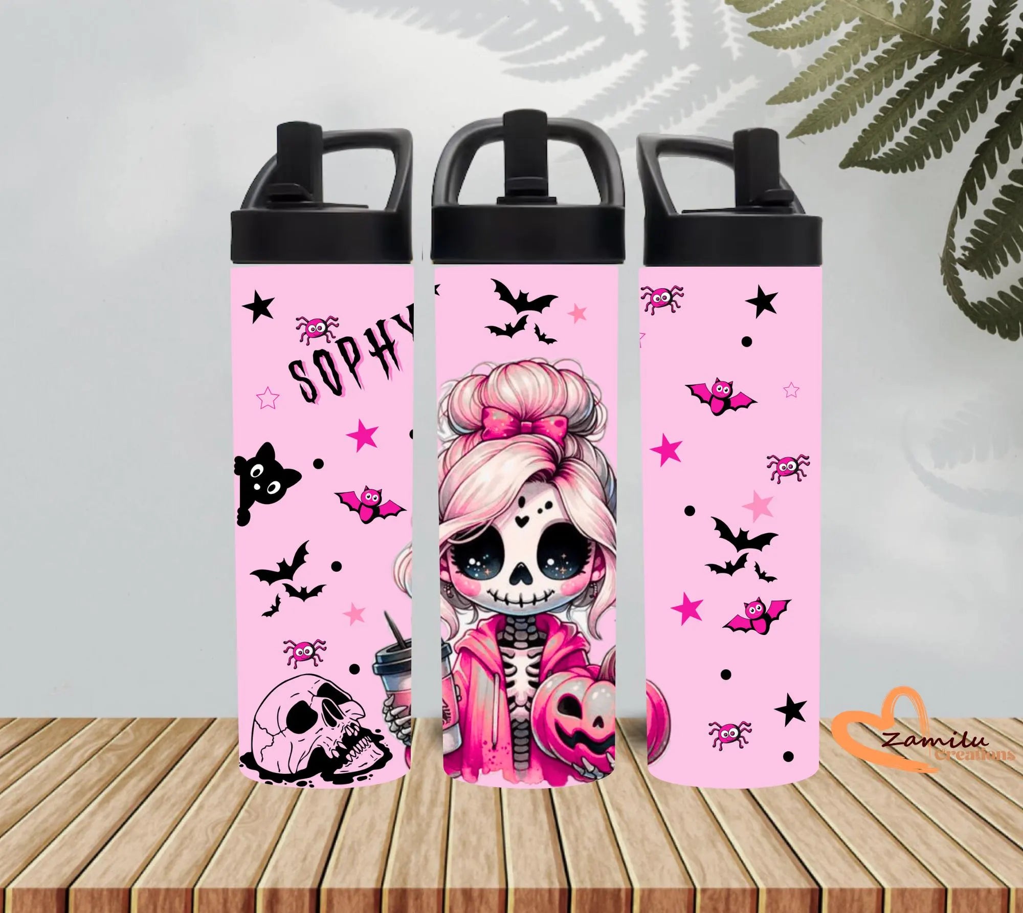 Personalized Pink Halloween Tumbler Custom Name Cartoon Girl Coffee Cup 20 oz Skinny Tumbler with Straw Spooky Season Cute Girly Gift