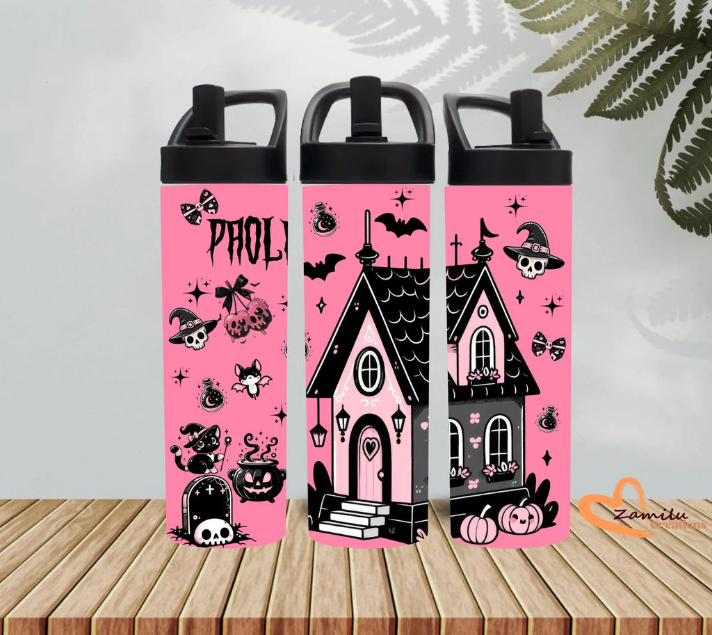 Personalized Pink Halloween Tumbler Custom Name Cartoon Girl Coffee Cup 20 oz Skinny Tumbler with Straw Spooky Season Cute Girly Gift