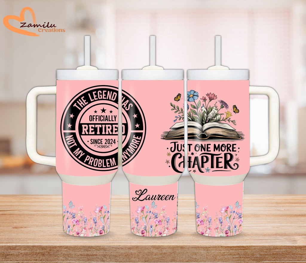 Personalized Retirement Tumbler for Women – “Just One More Chapter” Stainless Steel Water Bottle, Custom Retirement Gift