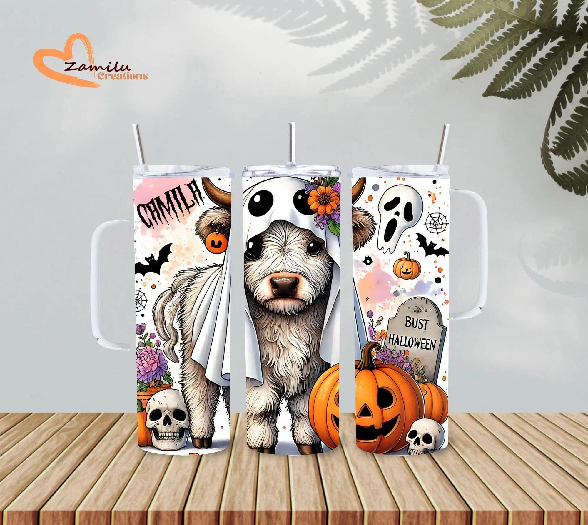 Halloween Ghost Cow Tumbler Personalized | Cute Spooky Cow Travel Mug With Handle | Custom Fall Cow Lover Gift 20 oz Stainless Steel