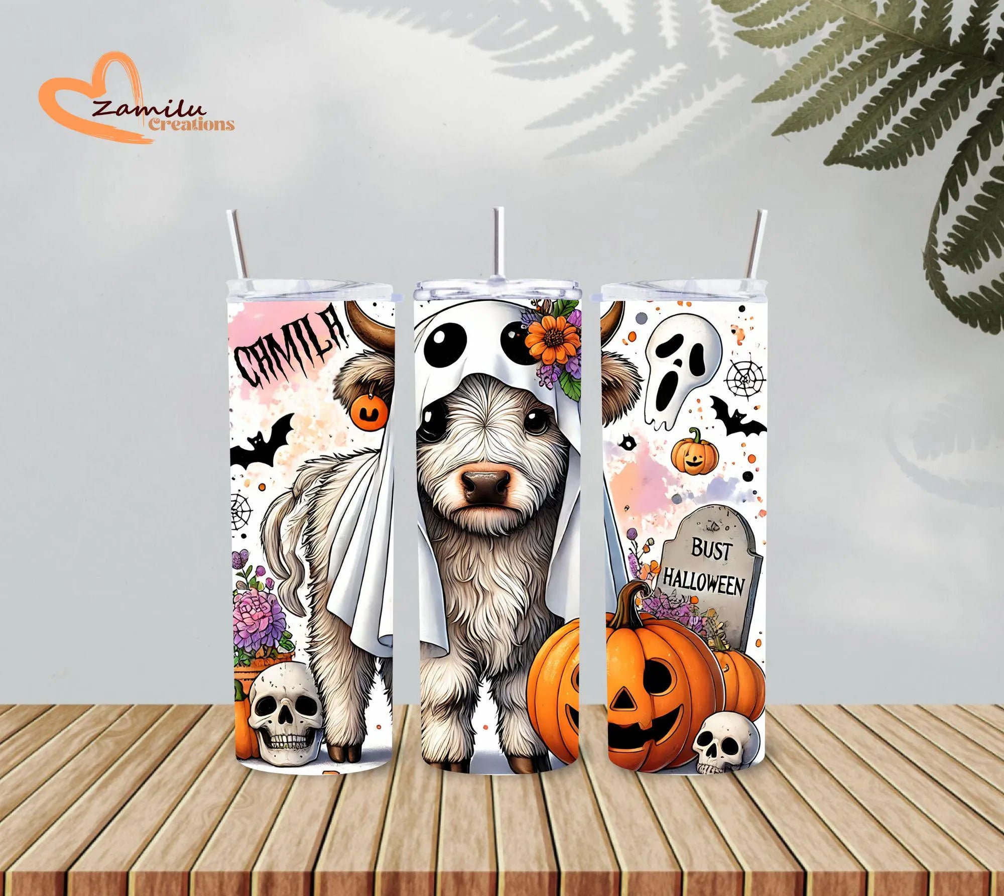 Halloween Ghost Cow Tumbler Personalized | Cute Spooky Cow Travel Mug With Handle | Custom Fall Cow Lover Gift 20 oz Stainless Steel