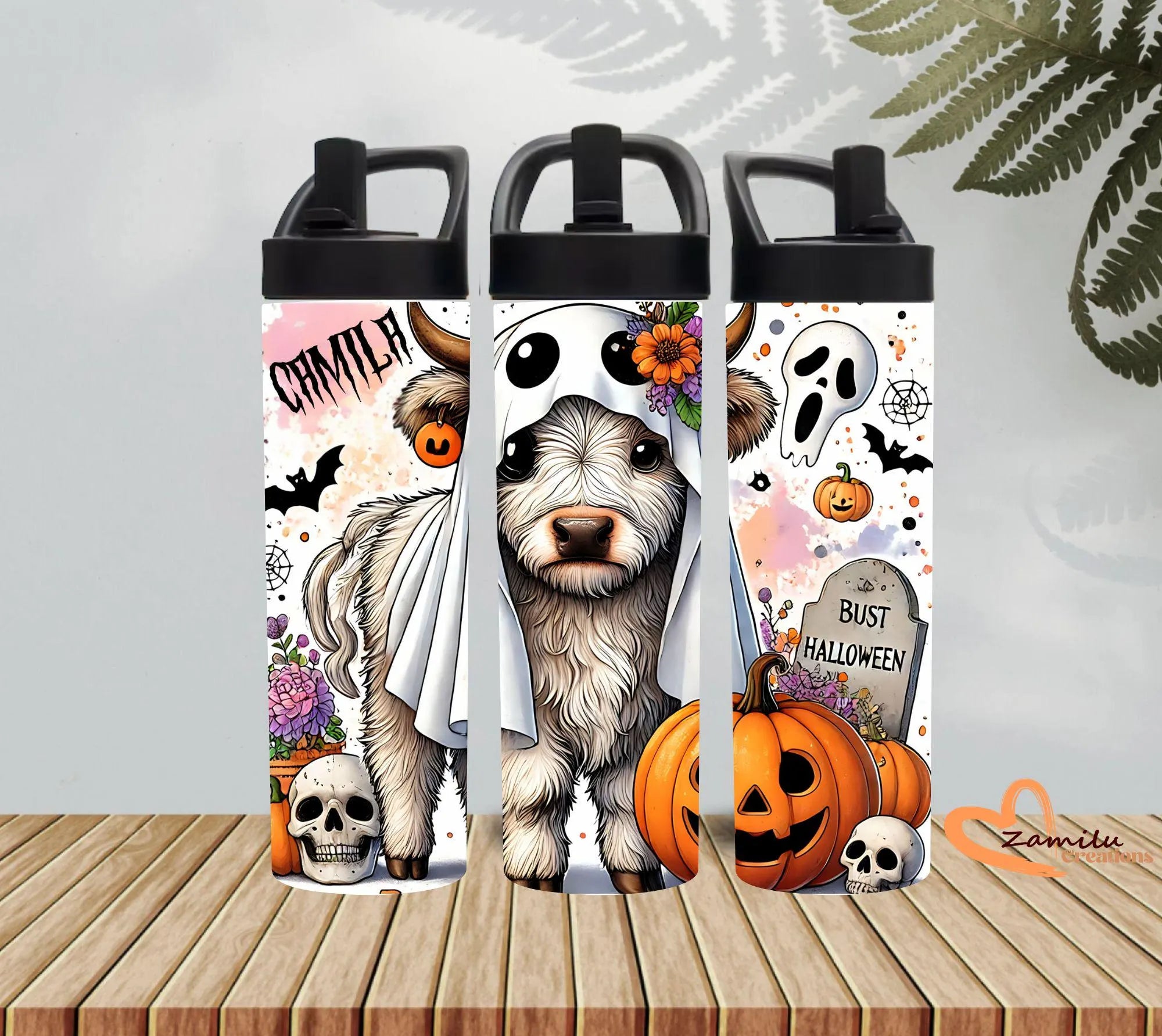 Halloween Ghost Cow Tumbler Personalized | Cute Spooky Cow Travel Mug With Handle | Custom Fall Cow Lover Gift 20 oz Stainless Steel