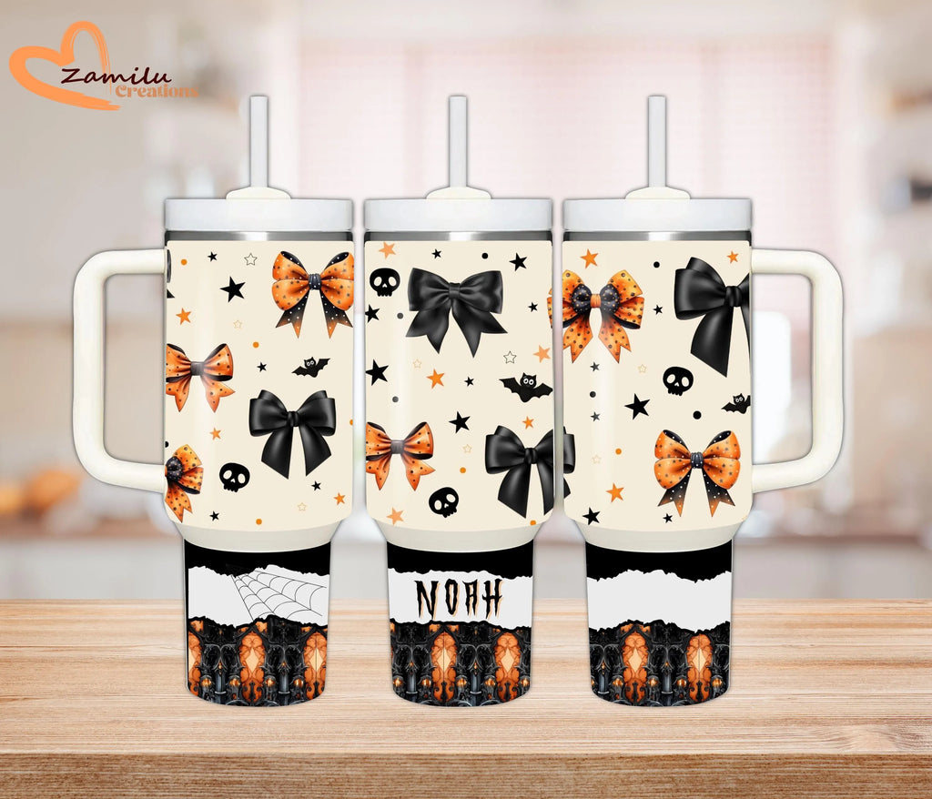Personalized Halloween Skeleton Tumbler, 40oz Custom Name Cup with Straw, Spooky Season Travel Mug, Cute Fall Ghost Pumpkin Gift