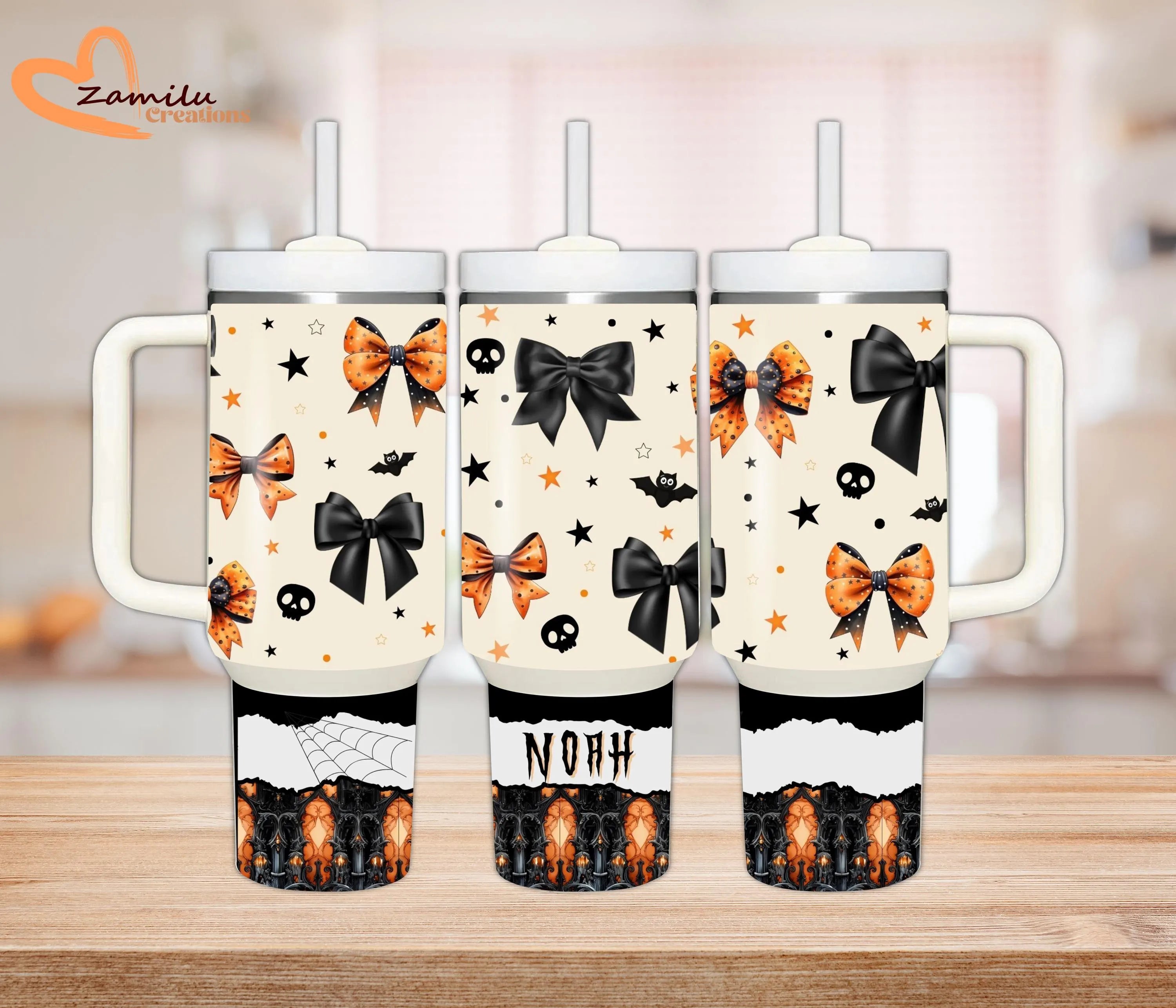 Personalized Halloween Skeleton Tumbler, 40oz Custom Name Cup with Straw, Spooky Season Travel Mug, Cute Fall Ghost Pumpkin Gift