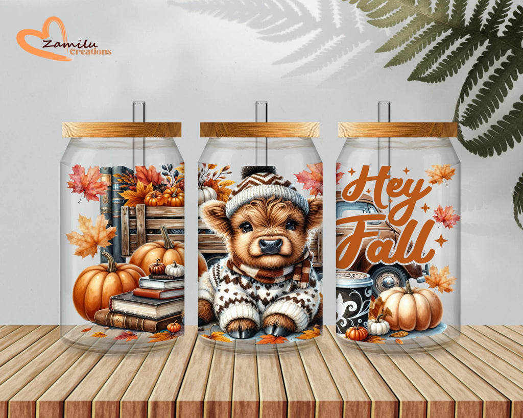 Personalized 16 Oz Glass Cup. Custom Clear or Frosted Glass Cup: Autumn Pumpkin Cow, Bamboo Lid or Acrylic Lid & Straw, Cow Lovers