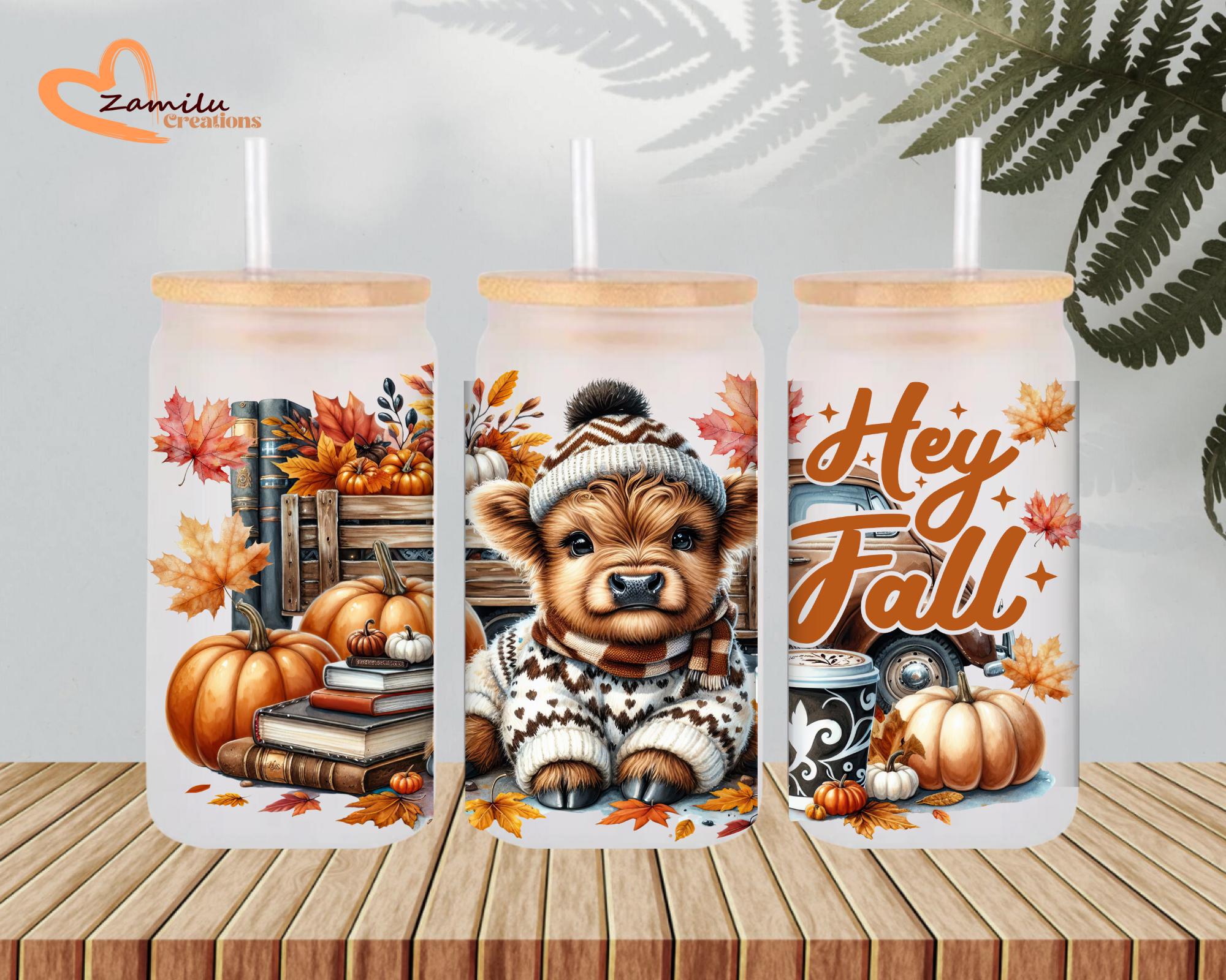 Personalized 16 Oz Glass Cup. Custom Clear or Frosted Glass Cup: Autumn Pumpkin Cow, Bamboo Lid or Acrylic Lid & Straw, Cow Lovers