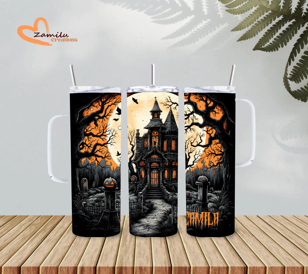 Personalized Halloween Haunted House Tumbler: Spooky Gothic Travel Mug