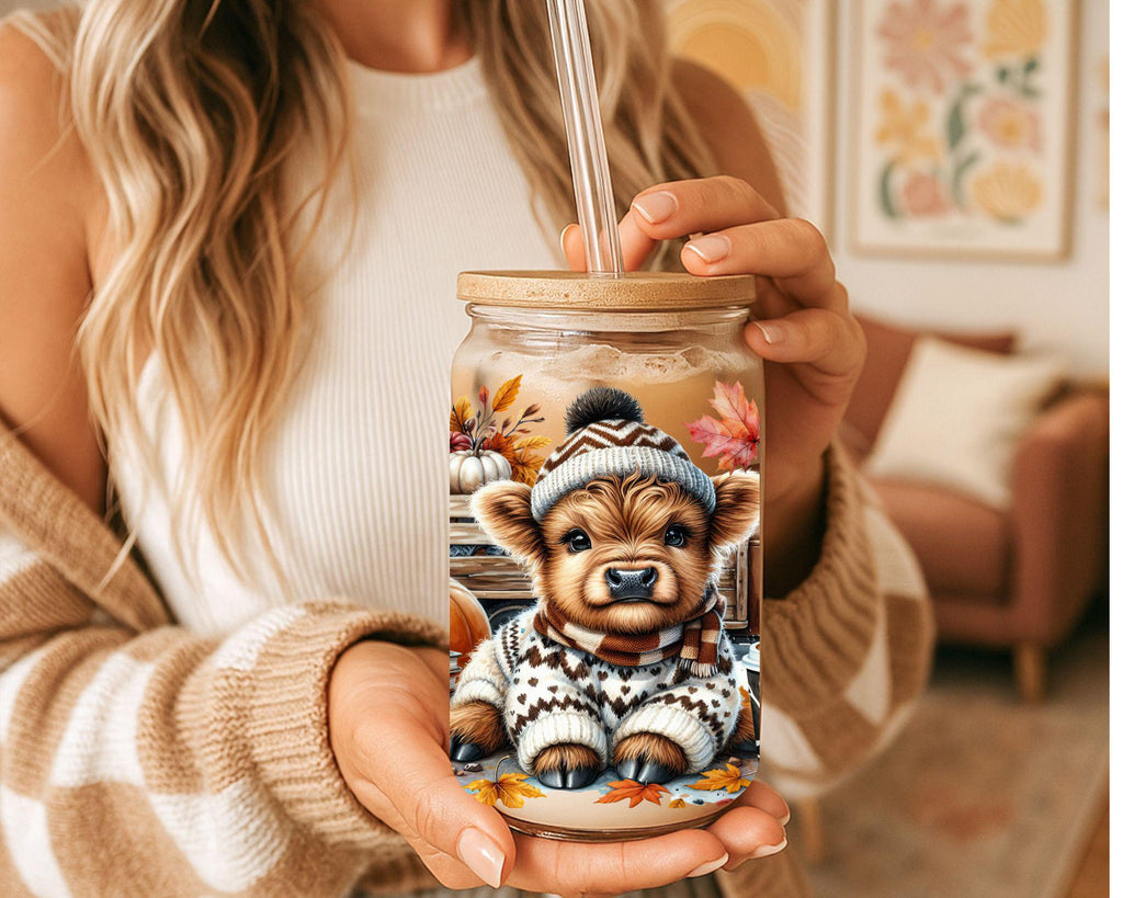 Personalized 16 Oz Glass Cup. Custom Clear or Frosted Glass Cup: Autumn Pumpkin Cow, Bamboo Lid or Acrylic Lid & Straw, Cow Lovers