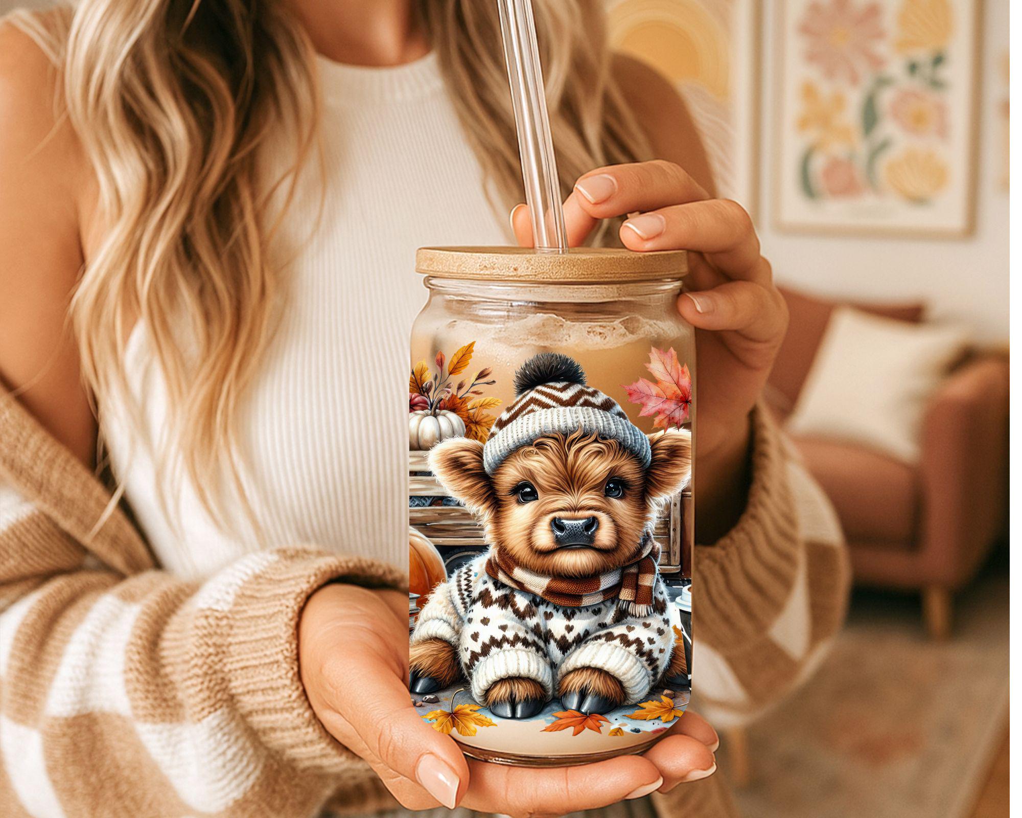 Personalized 16 Oz Glass Cup. Custom Clear or Frosted Glass Cup: Autumn Pumpkin Cow, Bamboo Lid or Acrylic Lid & Straw, Cow Lovers