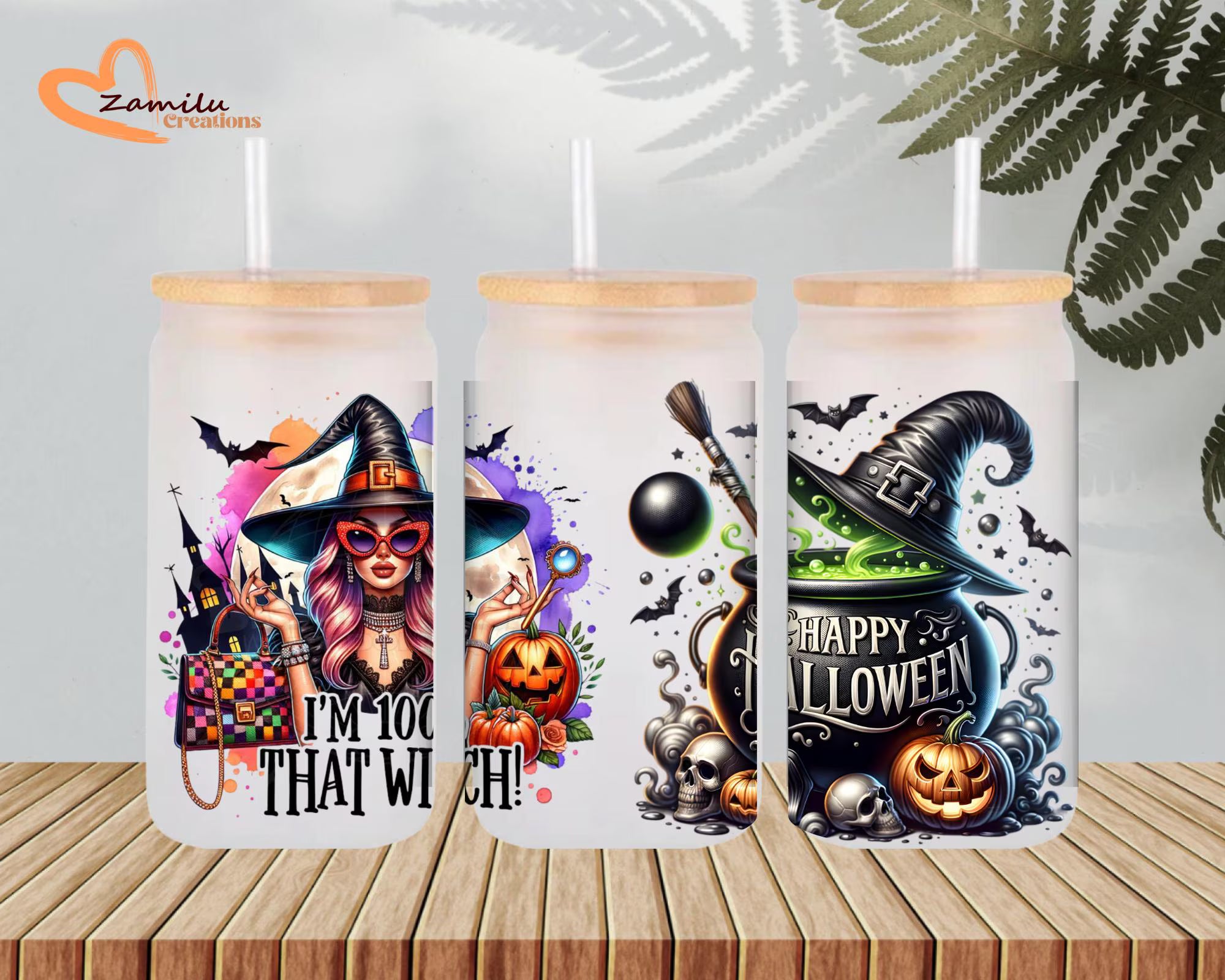 Personalized Halloween Glass Cup, Frosted Witch Cauldron Spooky Fall Tumbler, 16oz
