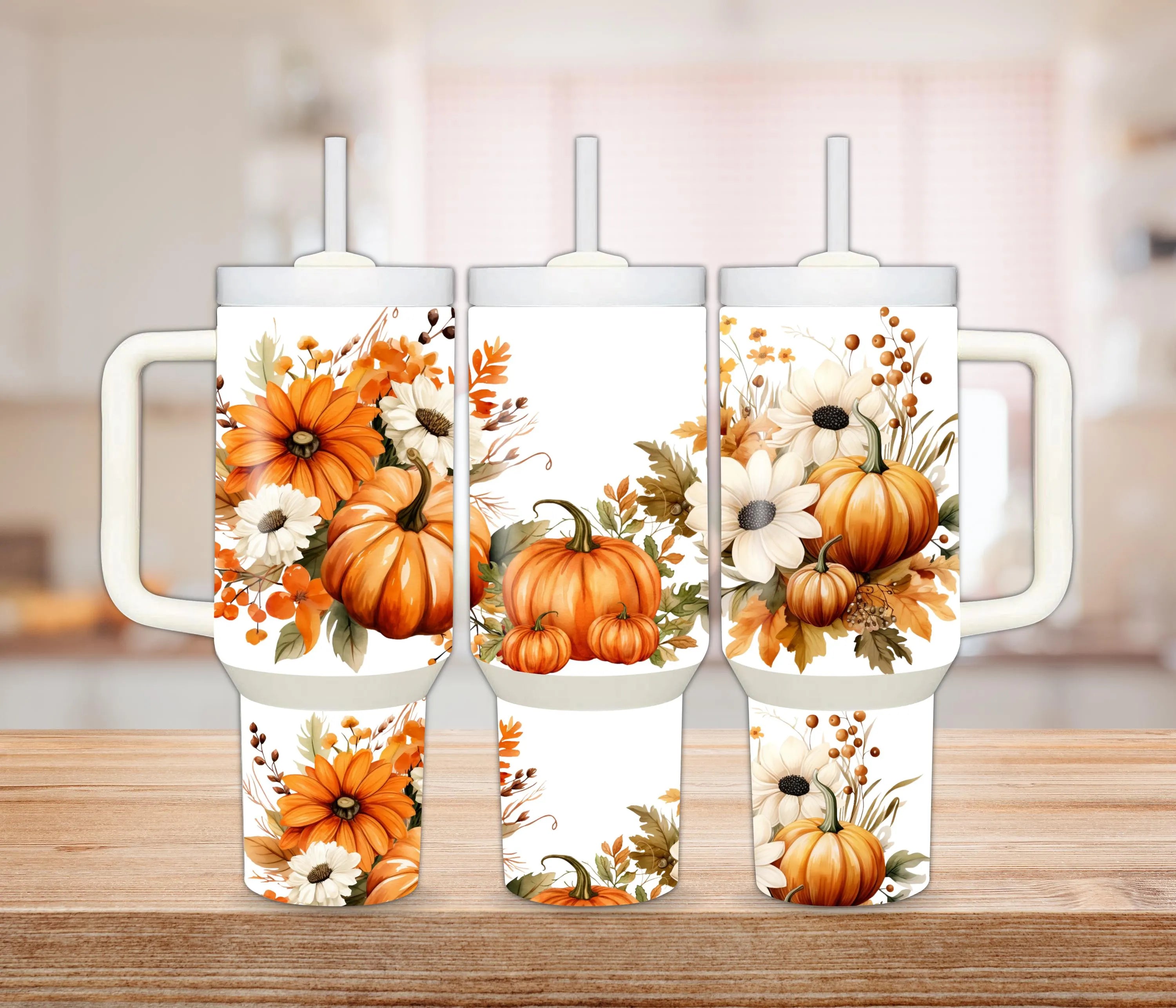 Pumpkin Floral Tumbler – 30 oz & 40 oz Stainless Steel Autumn Coffee Cup, Personalized Fall Gift