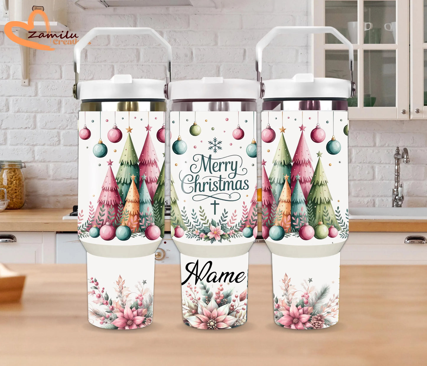 Personalized Christmas Tumbler with Handle – 30 oz or 40 oz Stainless Steel Pink & Green Tree Holiday Cup | Custom Name Gift 🎄