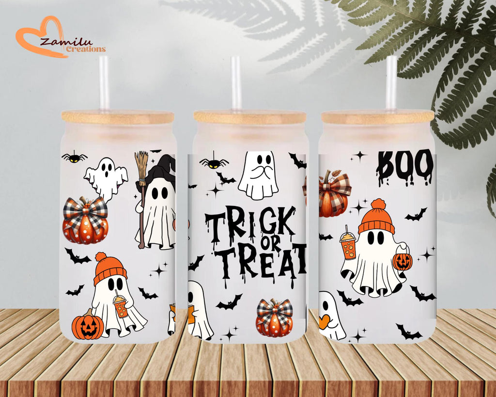Personalized Halloween Ghost Glass Cup 16oz, Cute Ghost Iced Coffee Cup with Lid and Straw, Custom Fall Tumbler Gift, Spooky Can Glass