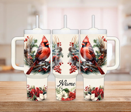 Personalized Christmas Cardinal Tumbler – 40 oz & 30 oz Stainless Steel Travel Cup, Holiday Gift for Her, Cardinal Coffee Mug, Christmas Drinkware