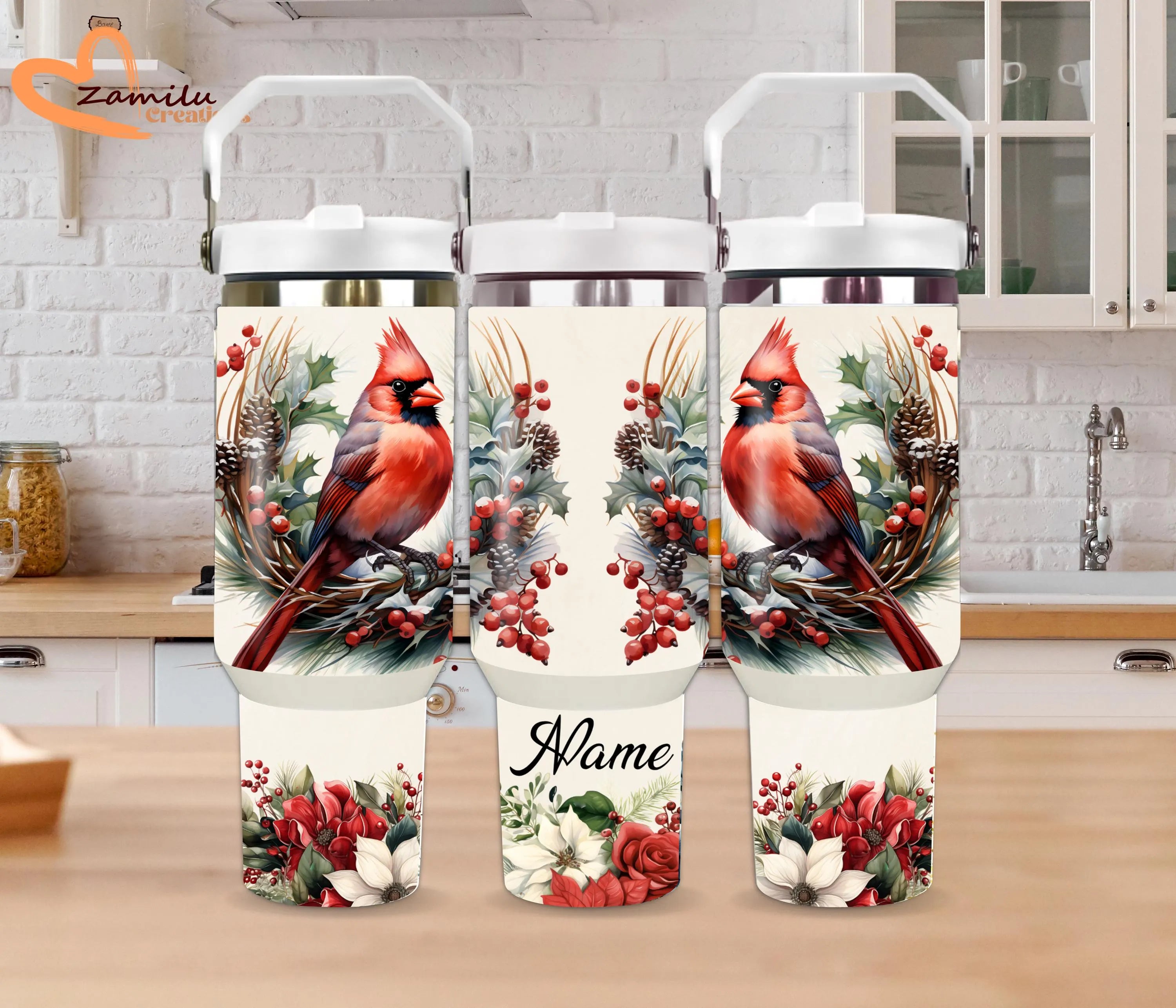Personalized Christmas Cardinal Tumbler – 40 oz & 30 oz Stainless Steel Travel Cup, Holiday Gift for Her, Cardinal Coffee Mug, Christmas Drinkware