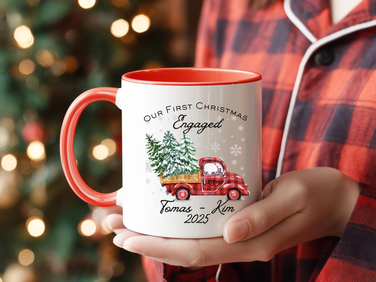 First Christmas Engaged Mug, Personalized Couple Coffee Cup, Custom Initials Christmas Gift for Fiancé, Newly Engaged Couple Gift