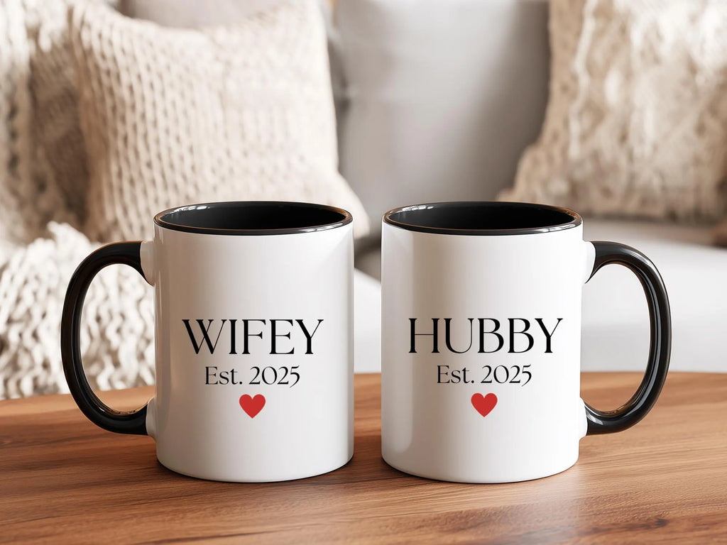 Wifey & Hubby Matching Ceramic Mugs – 15 oz with Lid, Personalized EST. 2025 Wedding Gift for Couples