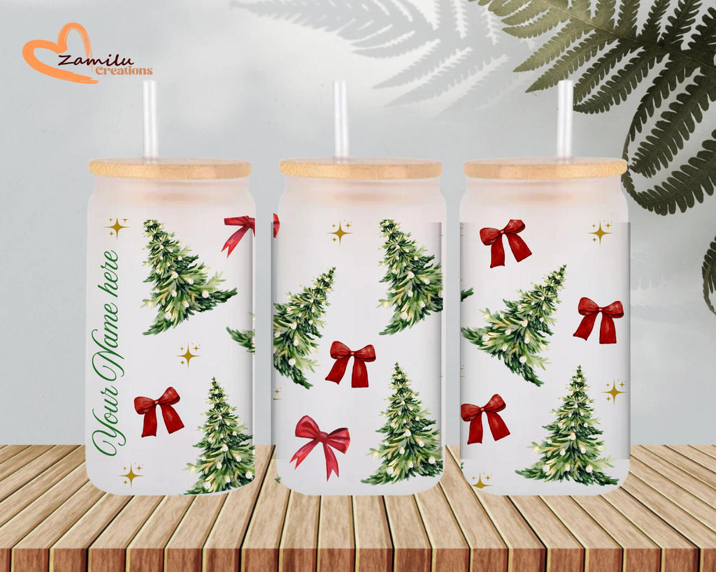 Personalized Christmas Tree Bow Glass Can, Custom Name Iced Coffee Cup with Bamboo Lid and Straw, Coquette Holiday Gift for Her or Mom