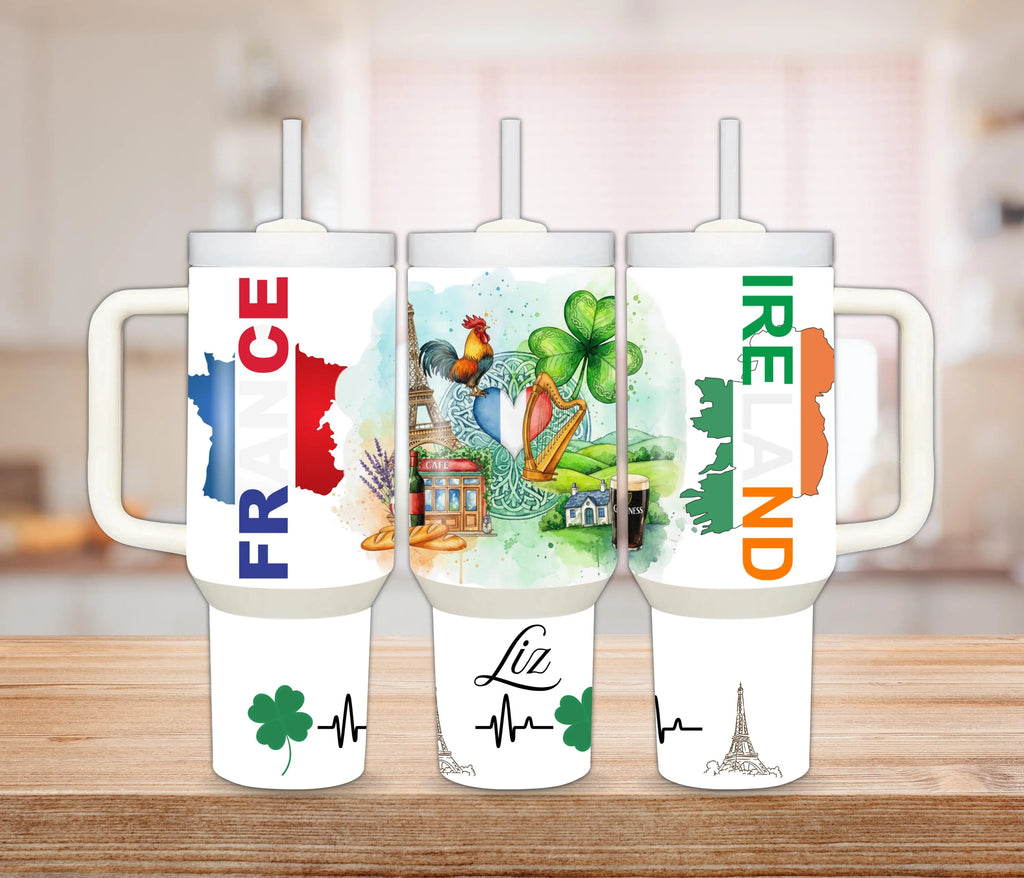 France & Ireland Heritage Tumbler – 30 oz or 40 oz Stainless Steel Travel Cup | Personalized French Irish Pride Mug 🇫🇷🇮🇪