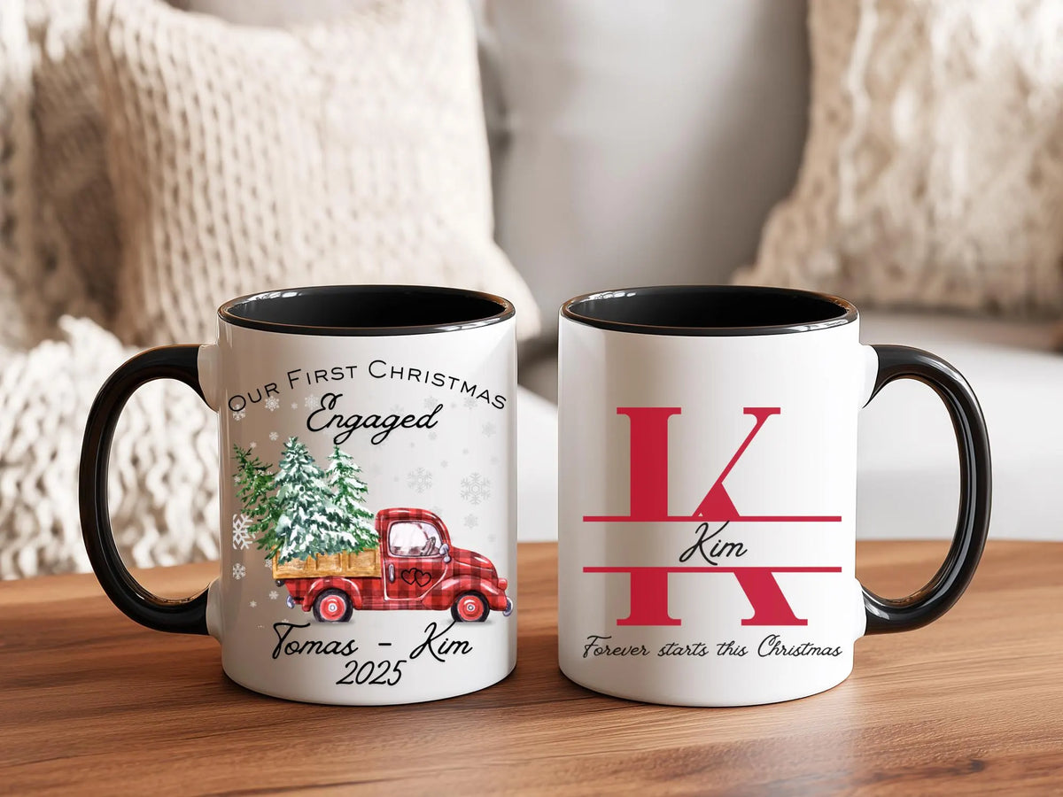 First Christmas Engaged Mug, Personalized Couple Coffee Cup, Custom Initials Christmas Gift for Fiancé, Newly Engaged Couple Gift