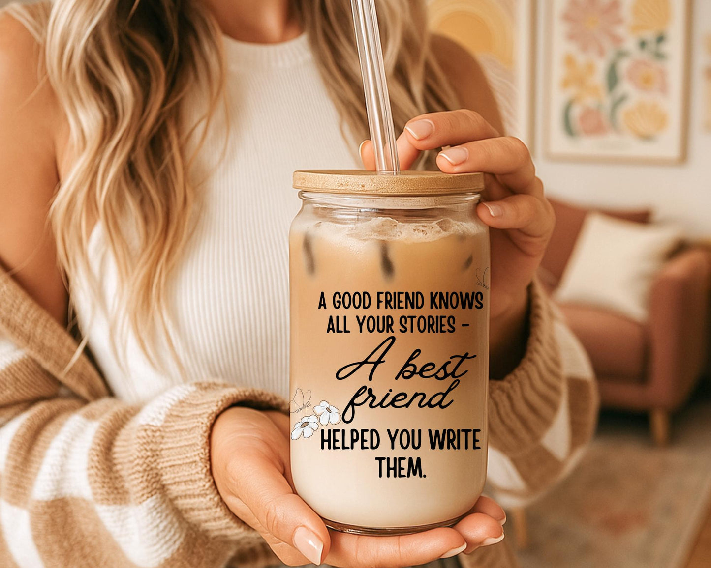 Personalized Best Friends Glass Cup – 16 oz Birth Month Flower Glass Can, Friendship Gift for Her, Matching Bestie Cups