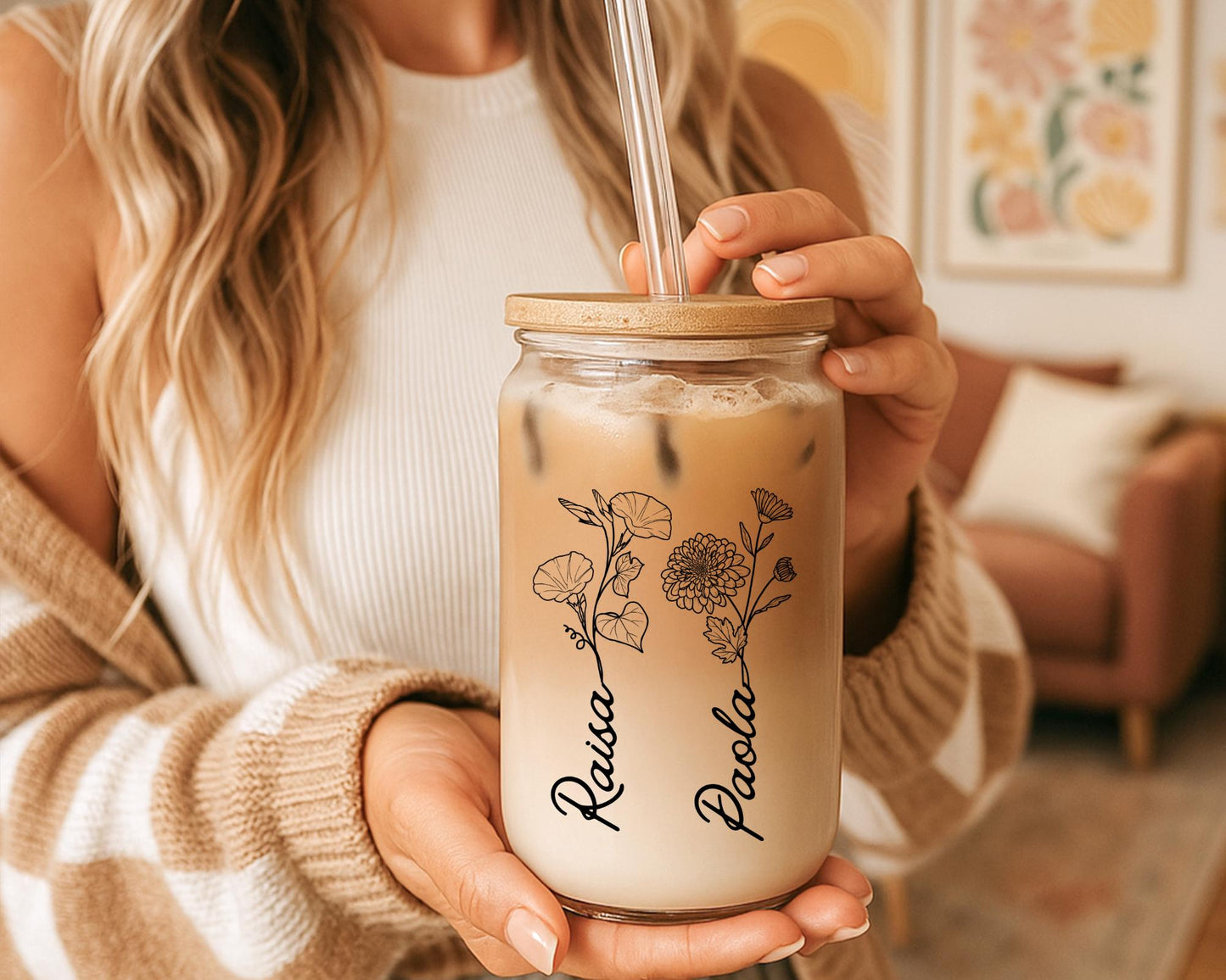 Personalized Best Friends Glass Cup – 16 oz Birth Month Flower Glass Can, Friendship Gift for Her, Matching Bestie Cups