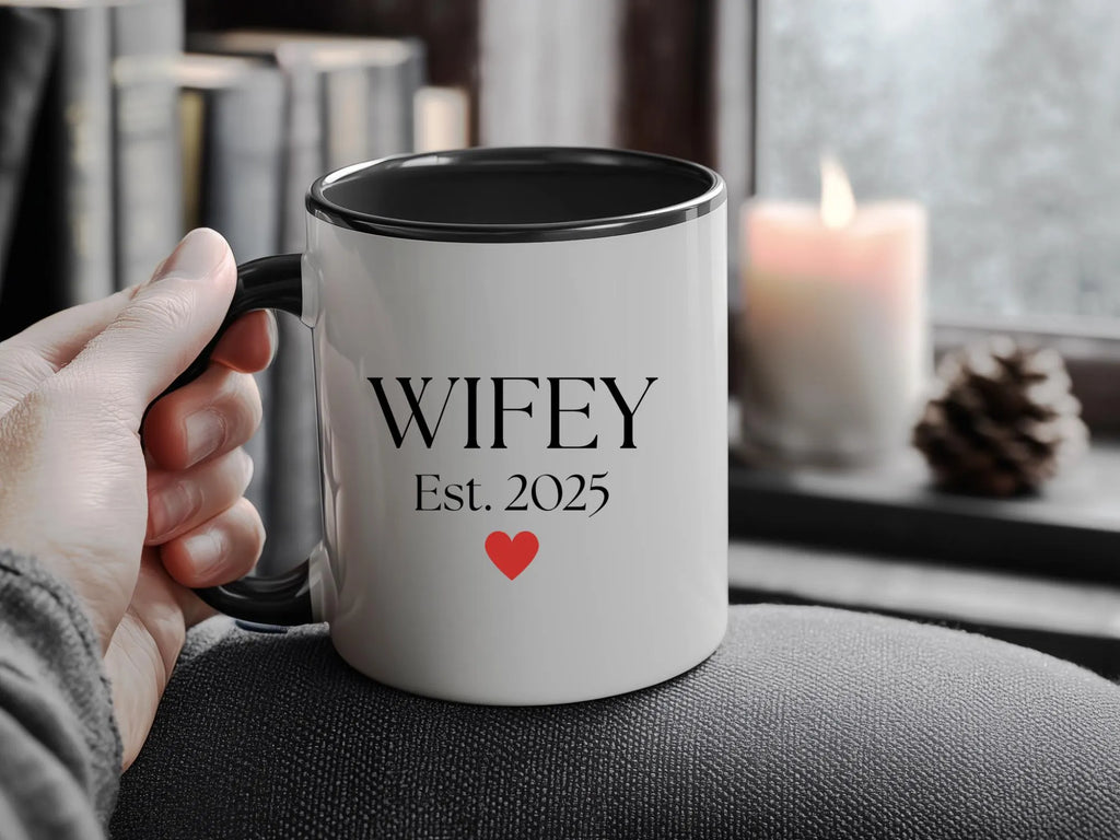 Wifey & Hubby Matching Ceramic Mugs – 15 oz with Lid, Personalized EST. 2025 Wedding Gift for Couples