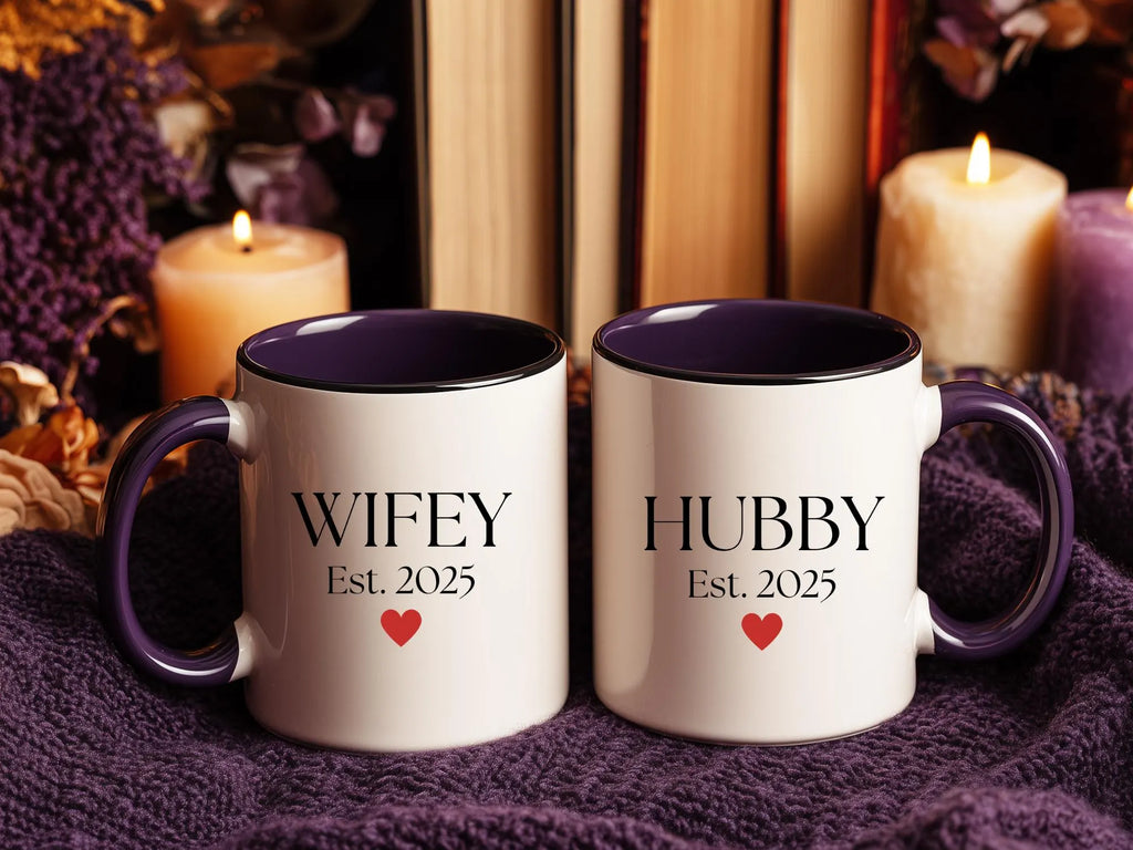 Wifey & Hubby Matching Ceramic Mugs – 15 oz with Lid, Personalized EST. 2025 Wedding Gift for Couples