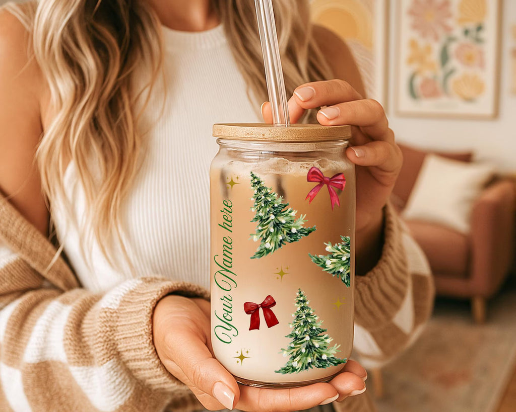 Personalized Christmas Tree Bow Glass Can, Custom Name Iced Coffee Cup with Bamboo Lid and Straw, Coquette Holiday Gift for Her or Mom