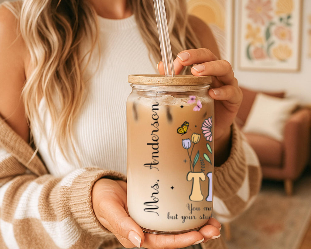 Personalized Floral Teacher Glass Can Cup, Botanical Name Iced Coffee Glass Tumbler, Custom Educator Appreciation Gift, School Staff Mug
