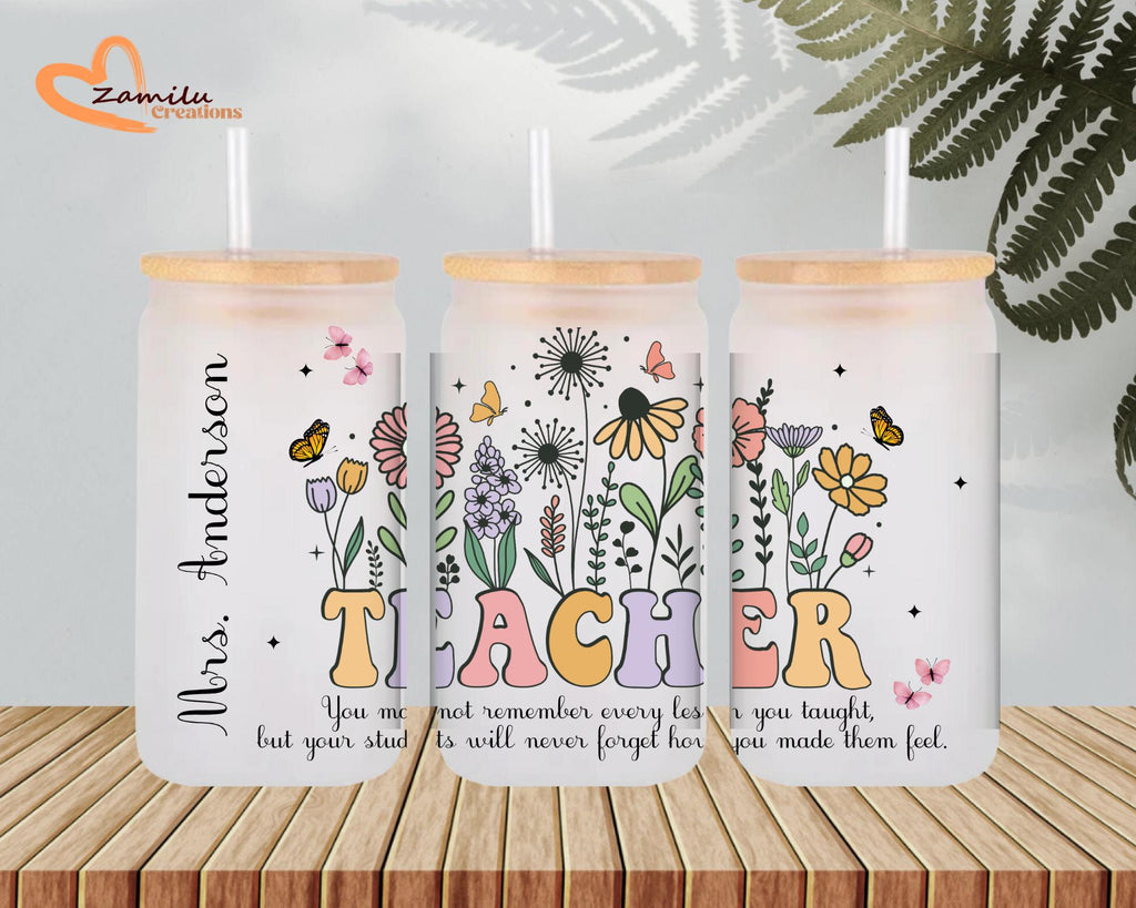 Personalized Floral Teacher Glass Can Cup, Botanical Name Iced Coffee Glass Tumbler, Custom Educator Appreciation Gift, School Staff Mug