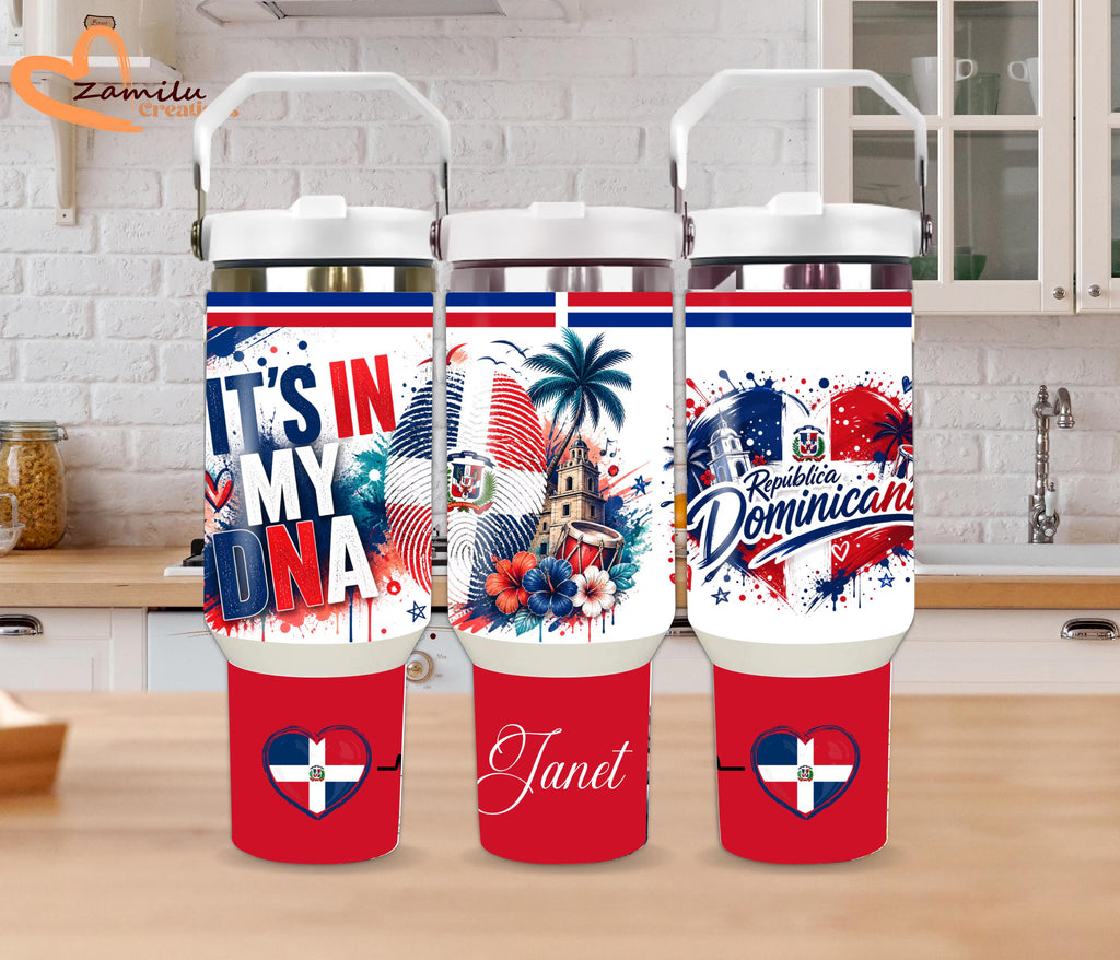 Personalized Dominican Republic Flag Tumbler with Handle: 30oz/40oz Travel Cup, Dominican Pride Gift, Republica Dominicana Mug, Custom Name